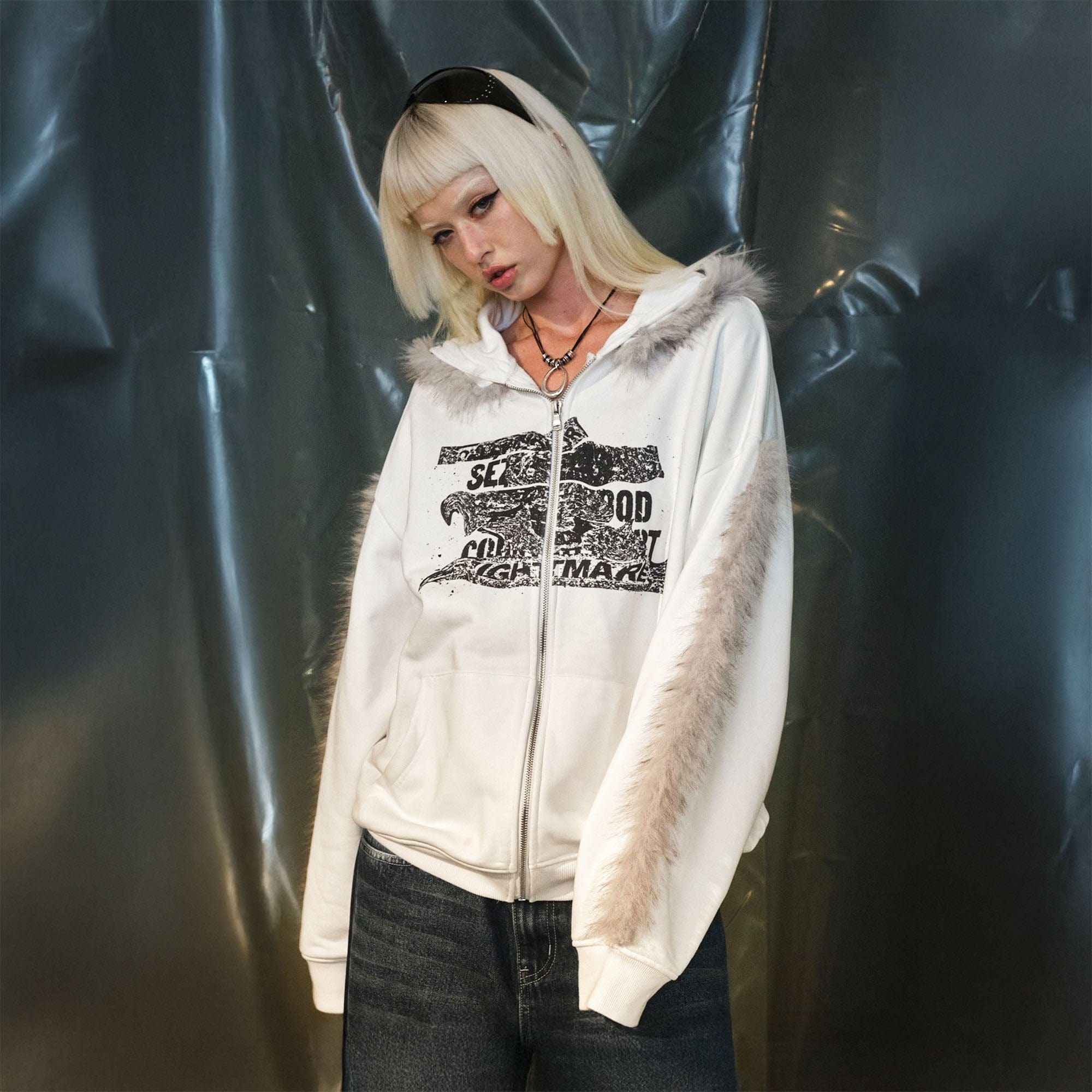 RECOVER ZONE Faux Fur Trim Graphic Zip-Up Hoodie, premium urban and streetwear designers apparel on PROJECTISR.com, RECOVER ZONE