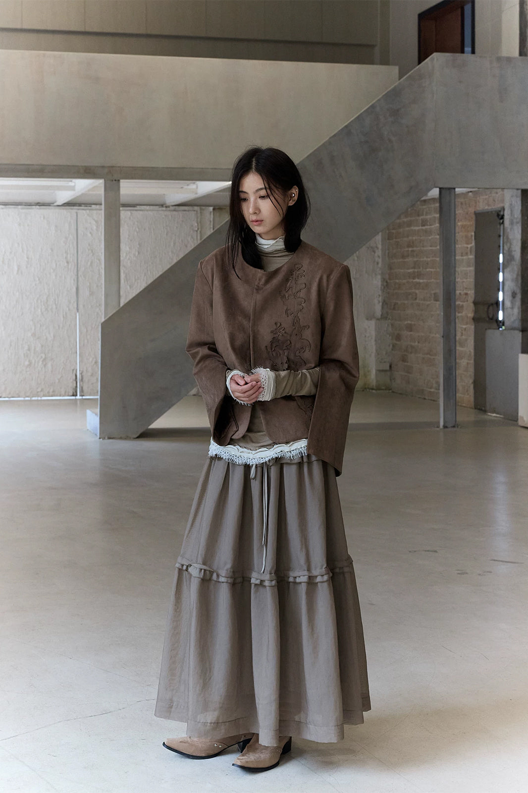 CHANGGUANG YUANZI Embroidered Patchwork Zip-Cuff Suede Jacket