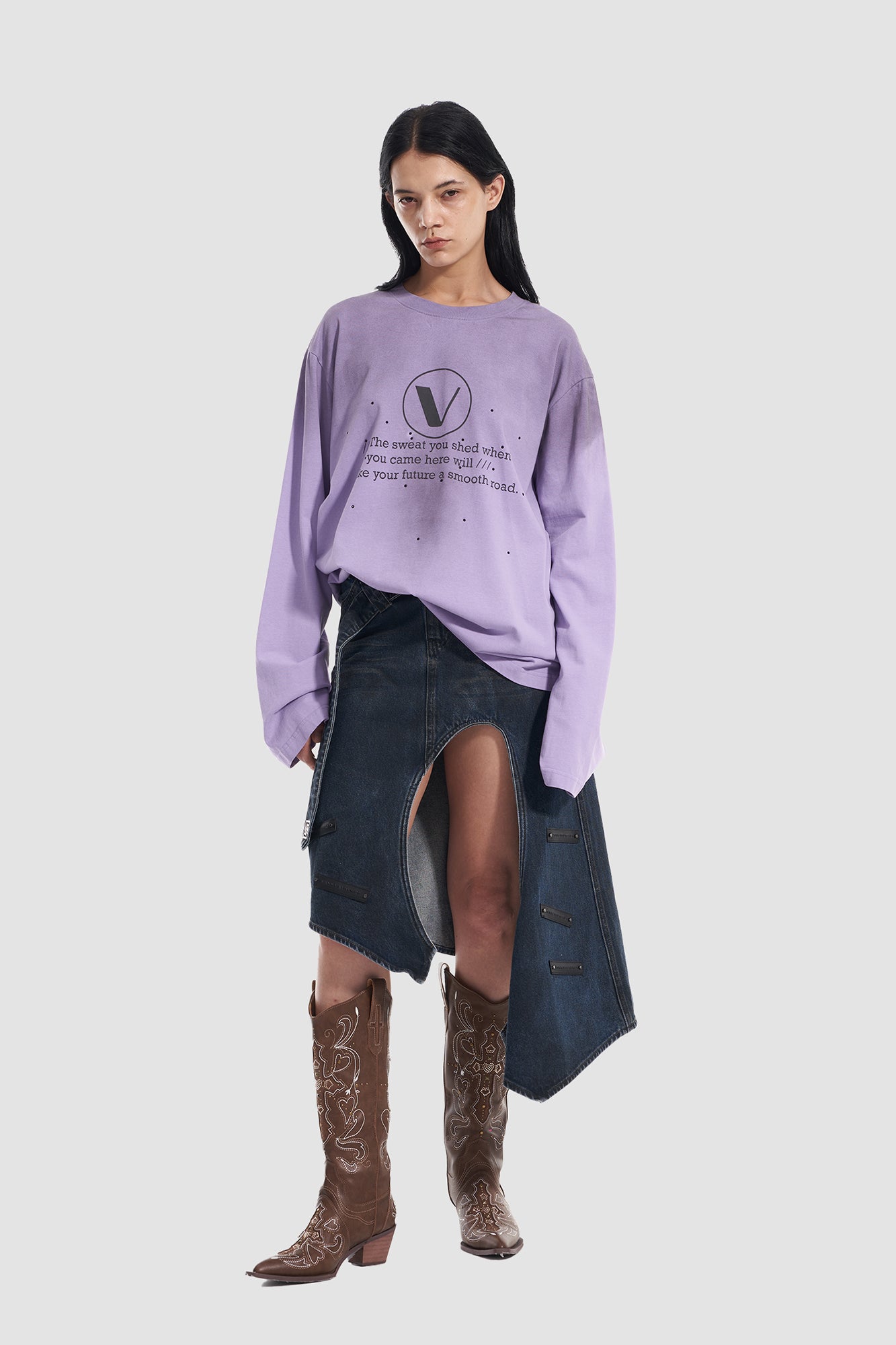 VANN VALRENCE Asym Cut-Out Deconstructed Denim Skirt