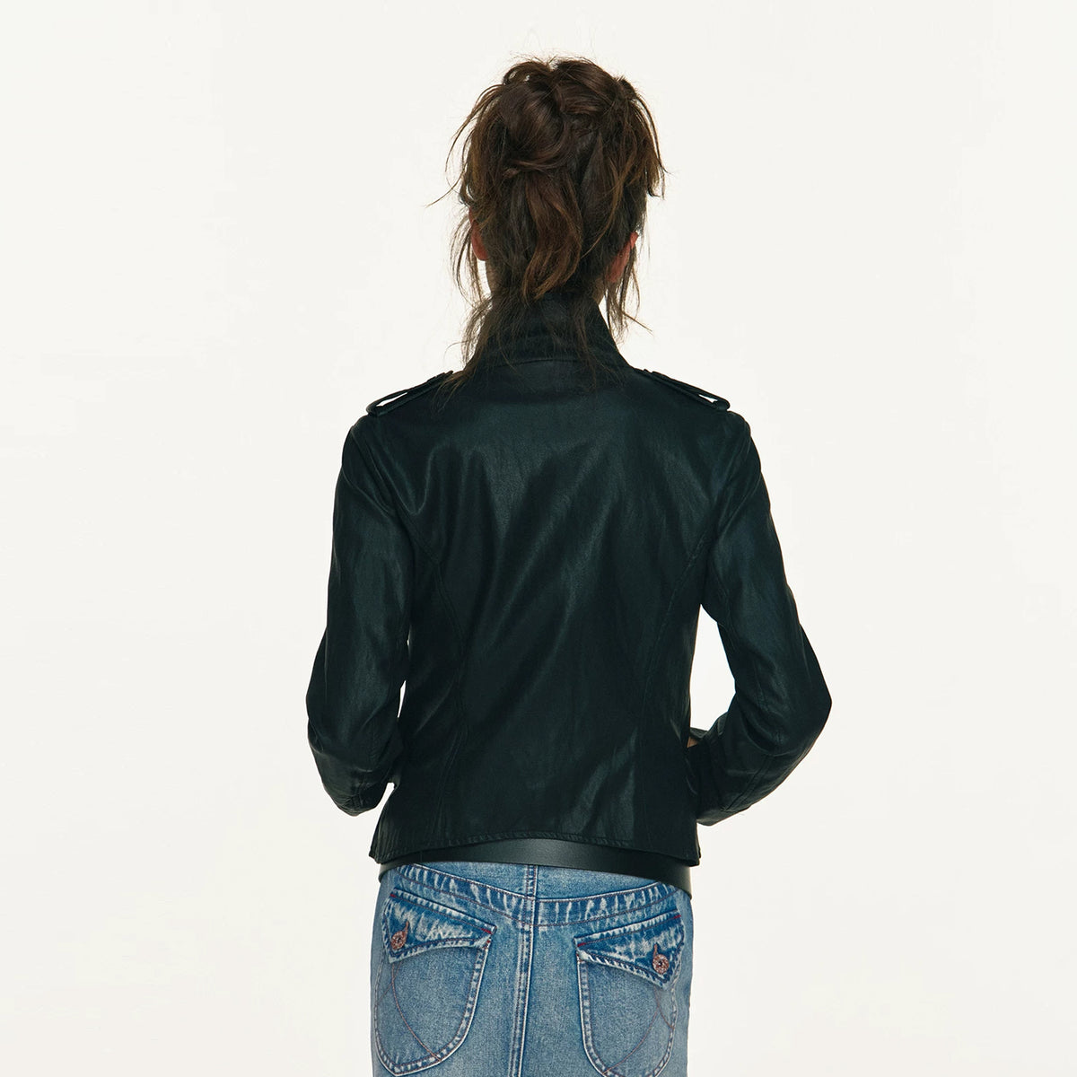 ANTENNA EFFECT Retro Double-Breasted Faux Leather Slim Jacket
