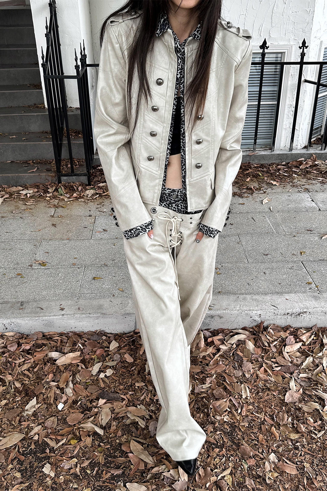 FULLTIDE Retro Spliced Leopard Faux Leather Jacket
