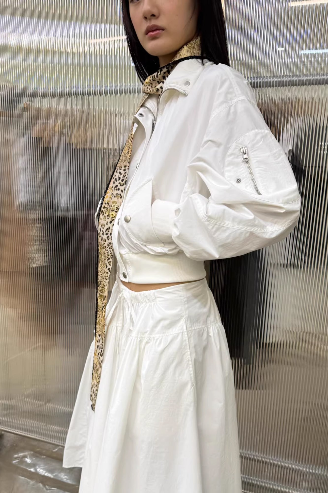 NEVERSEEZ Ruched-Back Cropped Bomber Jacket