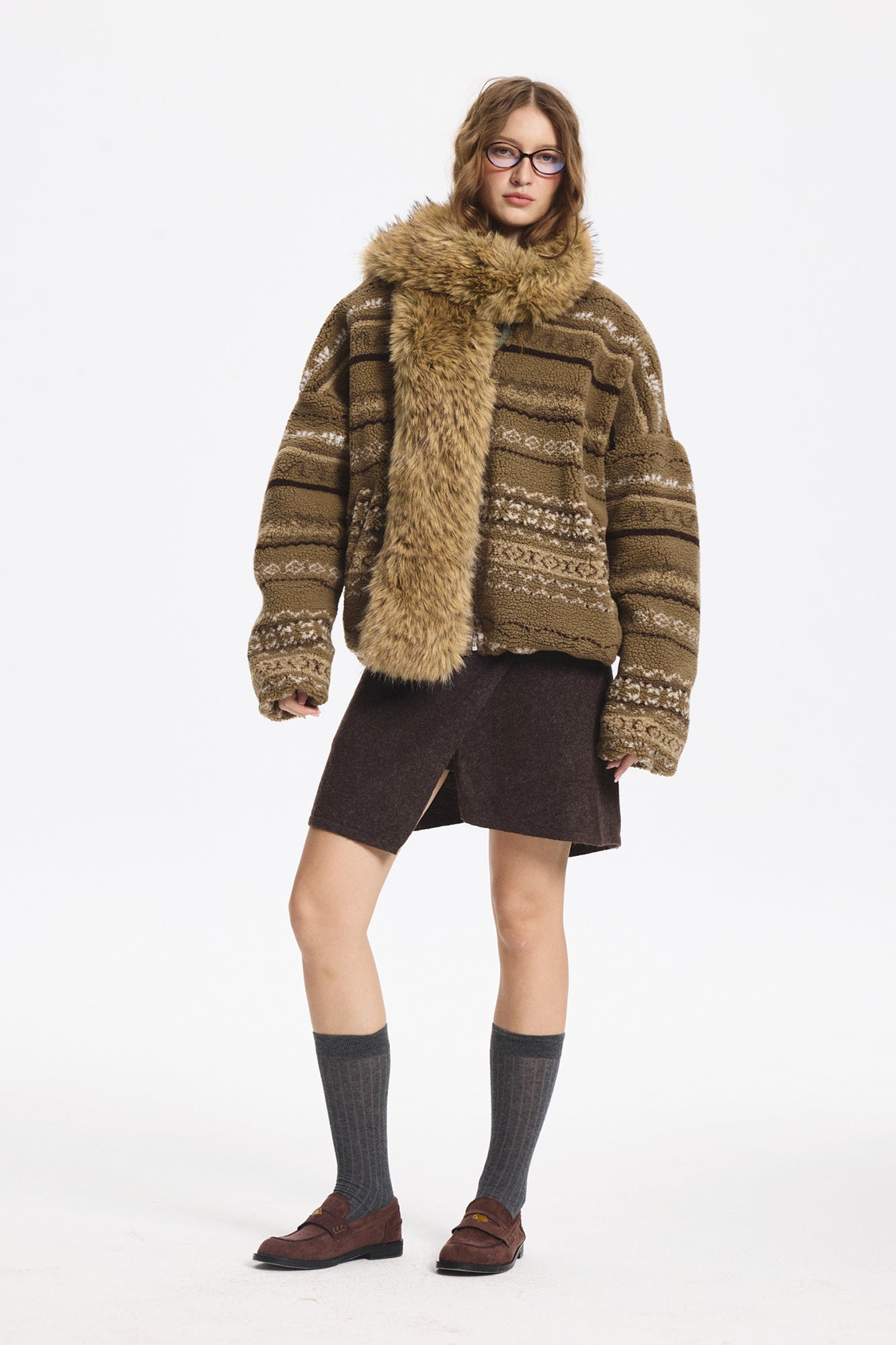 LEONSENSE Detachable Faux Fur Collar Fair Isle Jacket