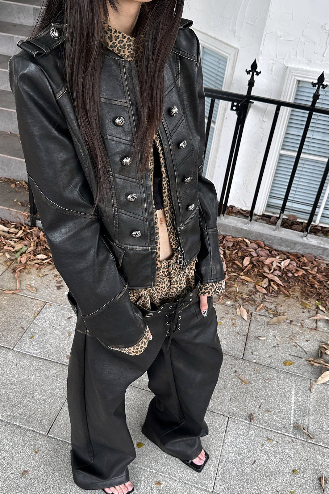 FULLTIDE Retro Spliced Leopard Faux Leather Jacket