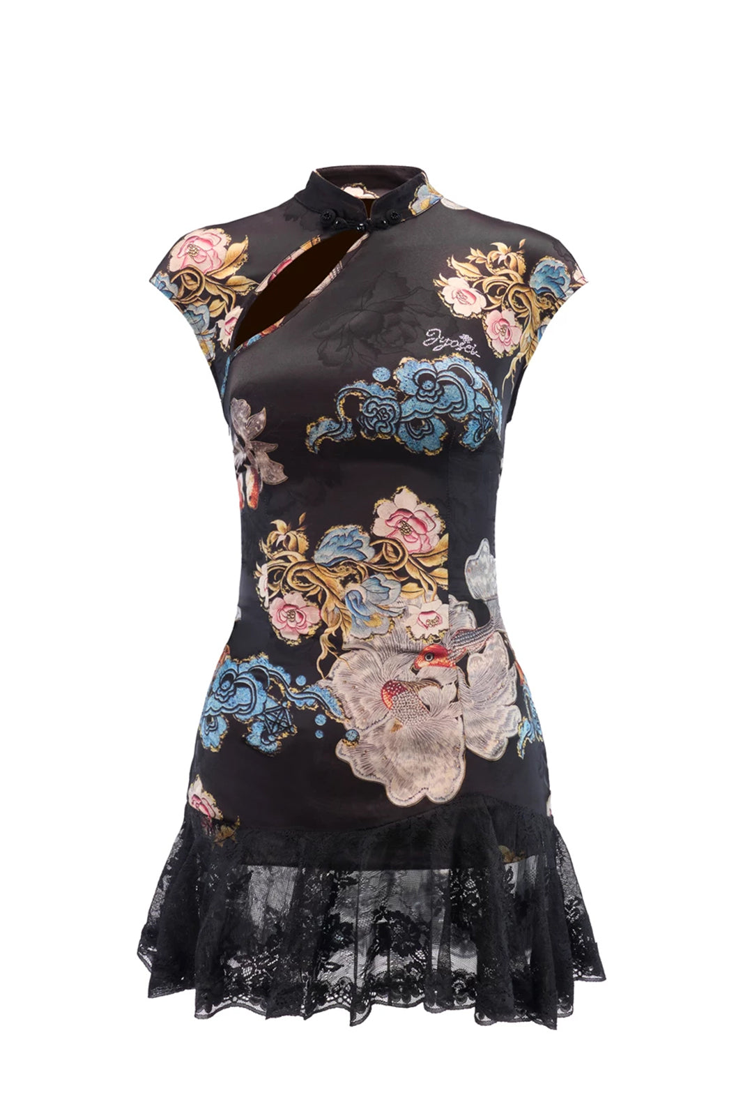 JYOSEI Floral Graphic Lace Hem Mini Dress