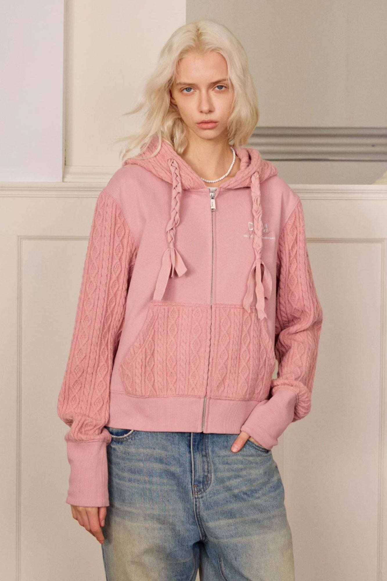 DONSMOKE Spliced Cable-Knit Zip-Up Hoodie