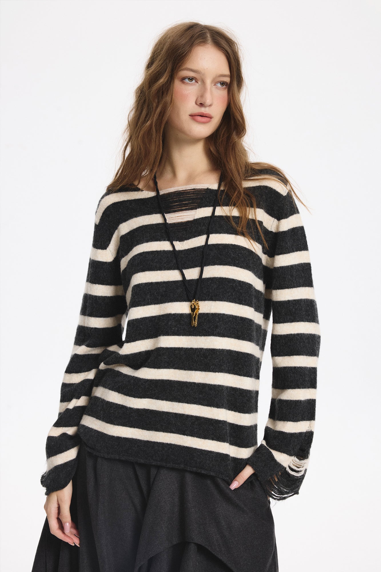 LEONSENSE Distressed Stripe Knit Pullover