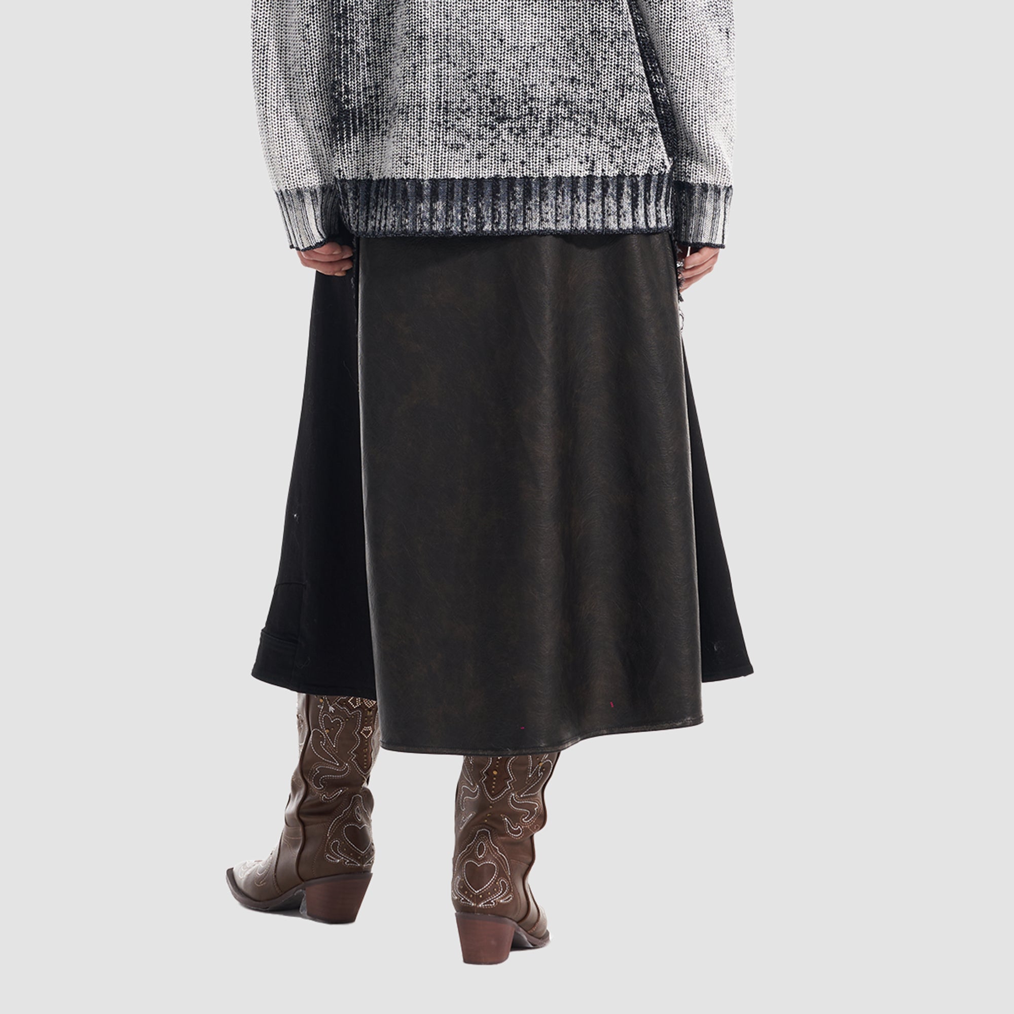 VANN VALRENCE Paneled Frayed Faux Leather A-Line Skirt