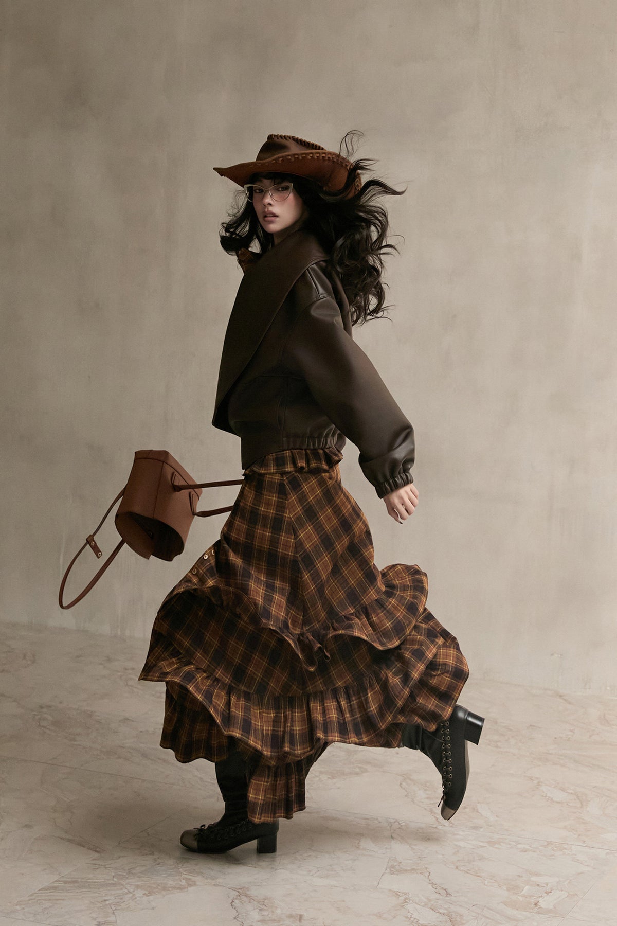 MXU Retro Plaid Pleated Shirt & Tiered Ruffle Maxi Skirt Set