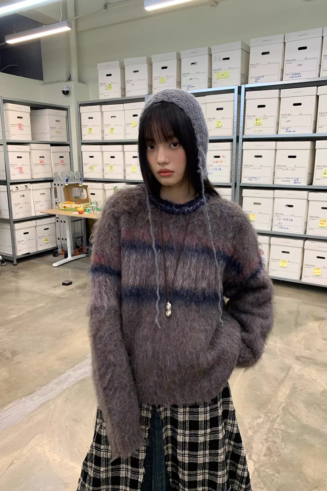 NEVERSEEZ Contrast Stripe Fuzzy Sweater