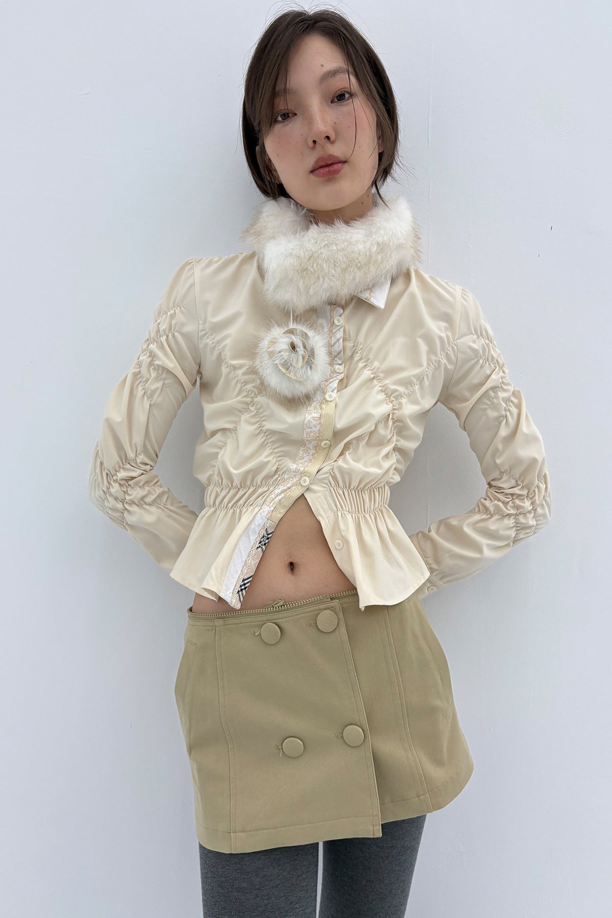 9266 STUDIO Asymmetrical Ruched Waist Shirt