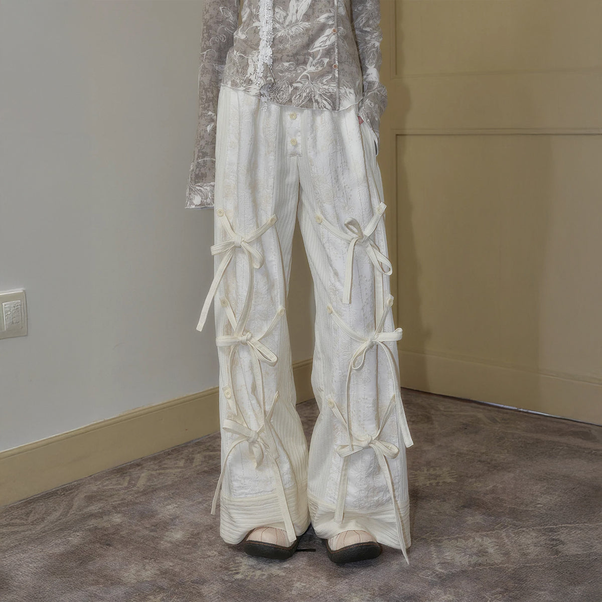 SENSELF Striped Detachable Bow Wide-Leg Pants