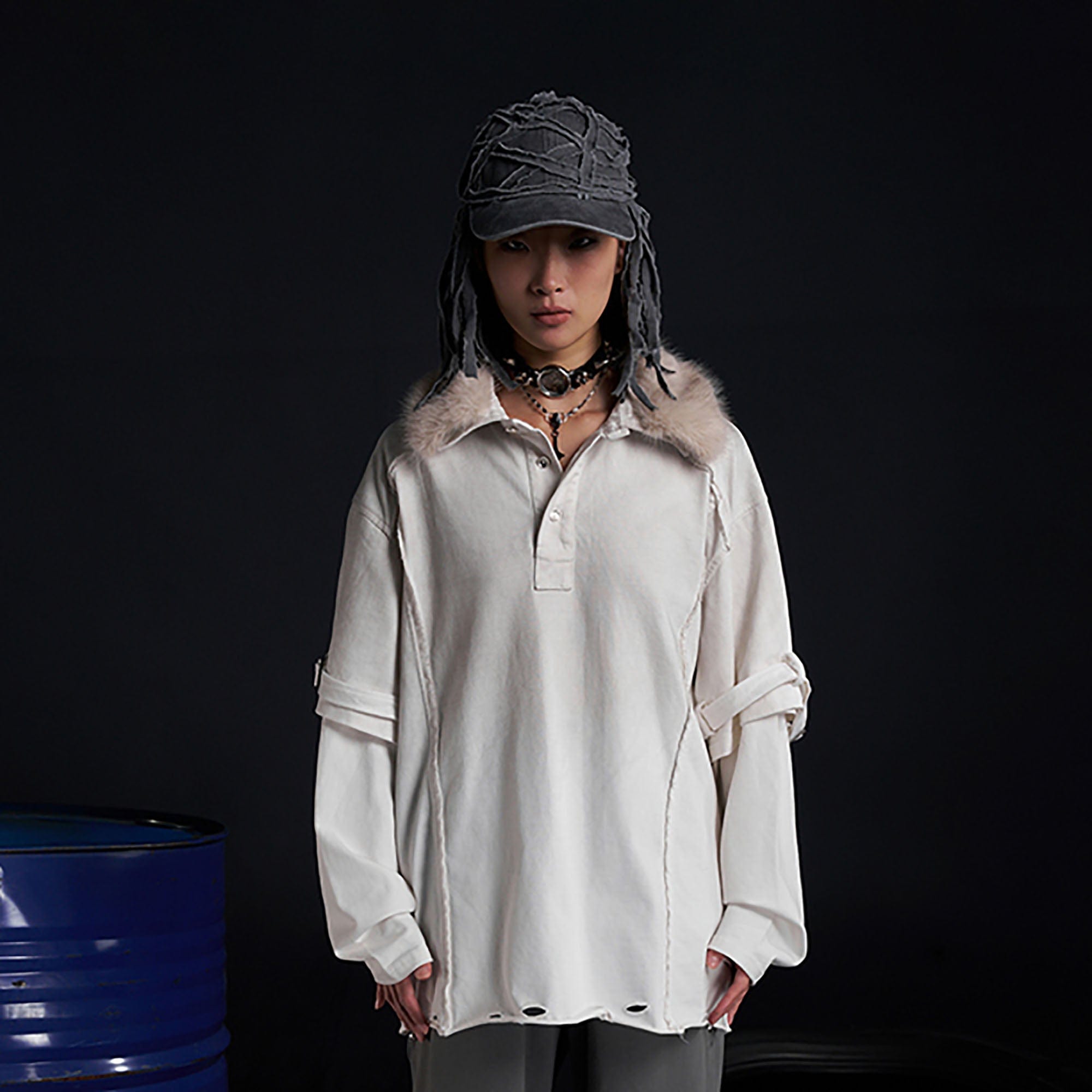 RECOVER ZONE Detachable Faux Fur Collar Long Sleeve Shirt, premium urban and streetwear designers apparel on PROJECTISR.com, RECOVER ZONE