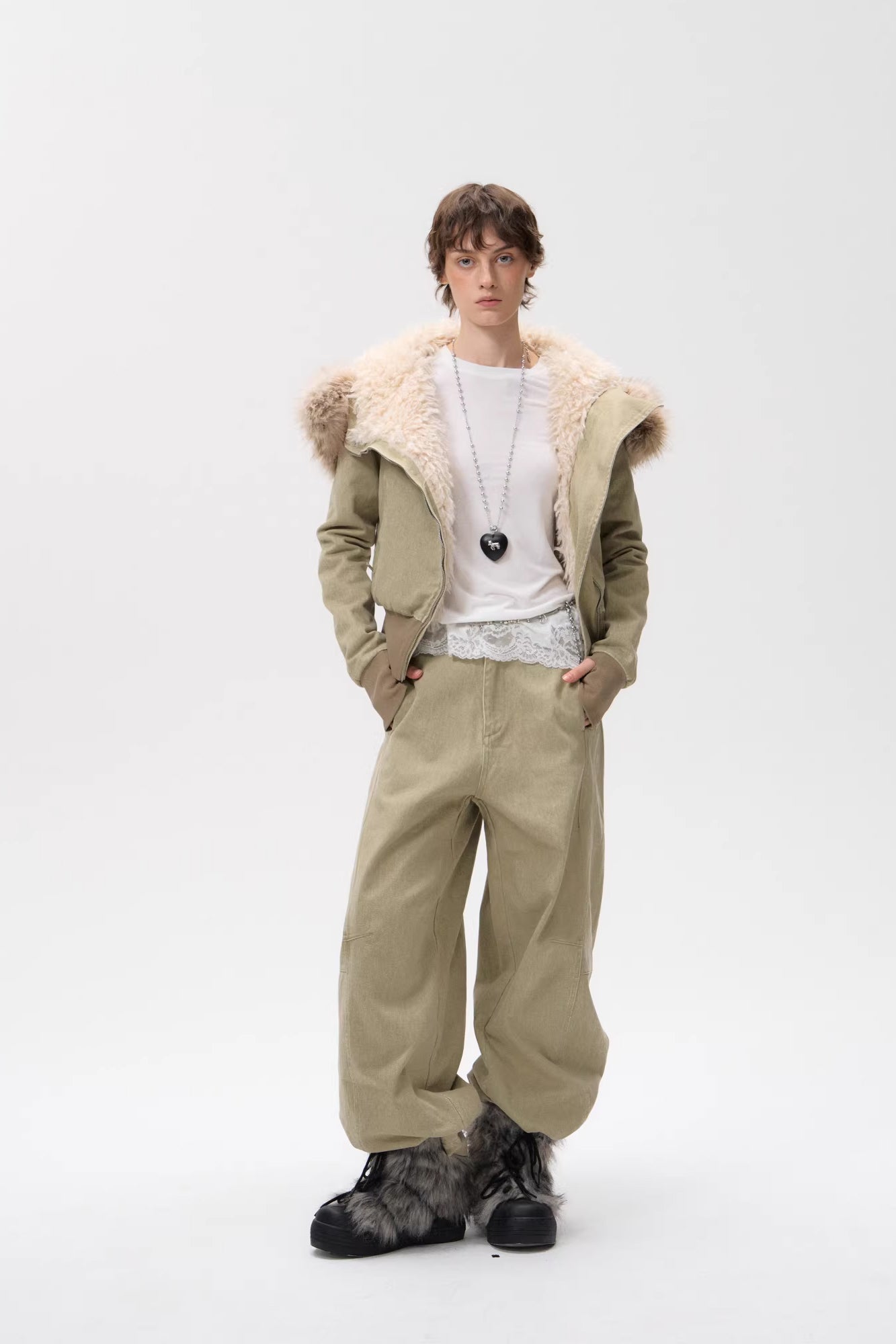 10AMSOTIIIIIIRED Sherpa-Lined Faux Fur Hooded Bomber Jacket