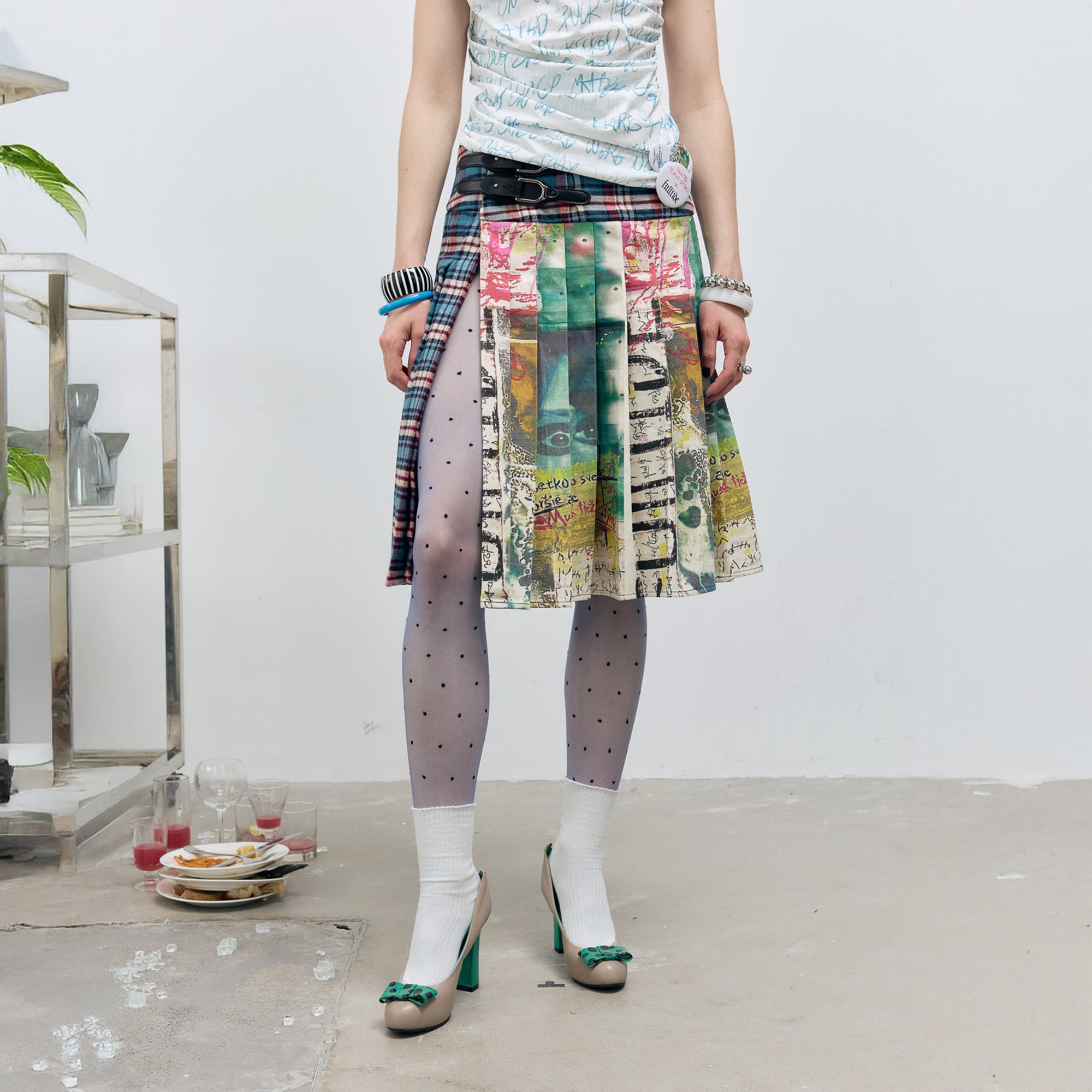 FULLTIDE Buckle Plaid Pleated Skirt