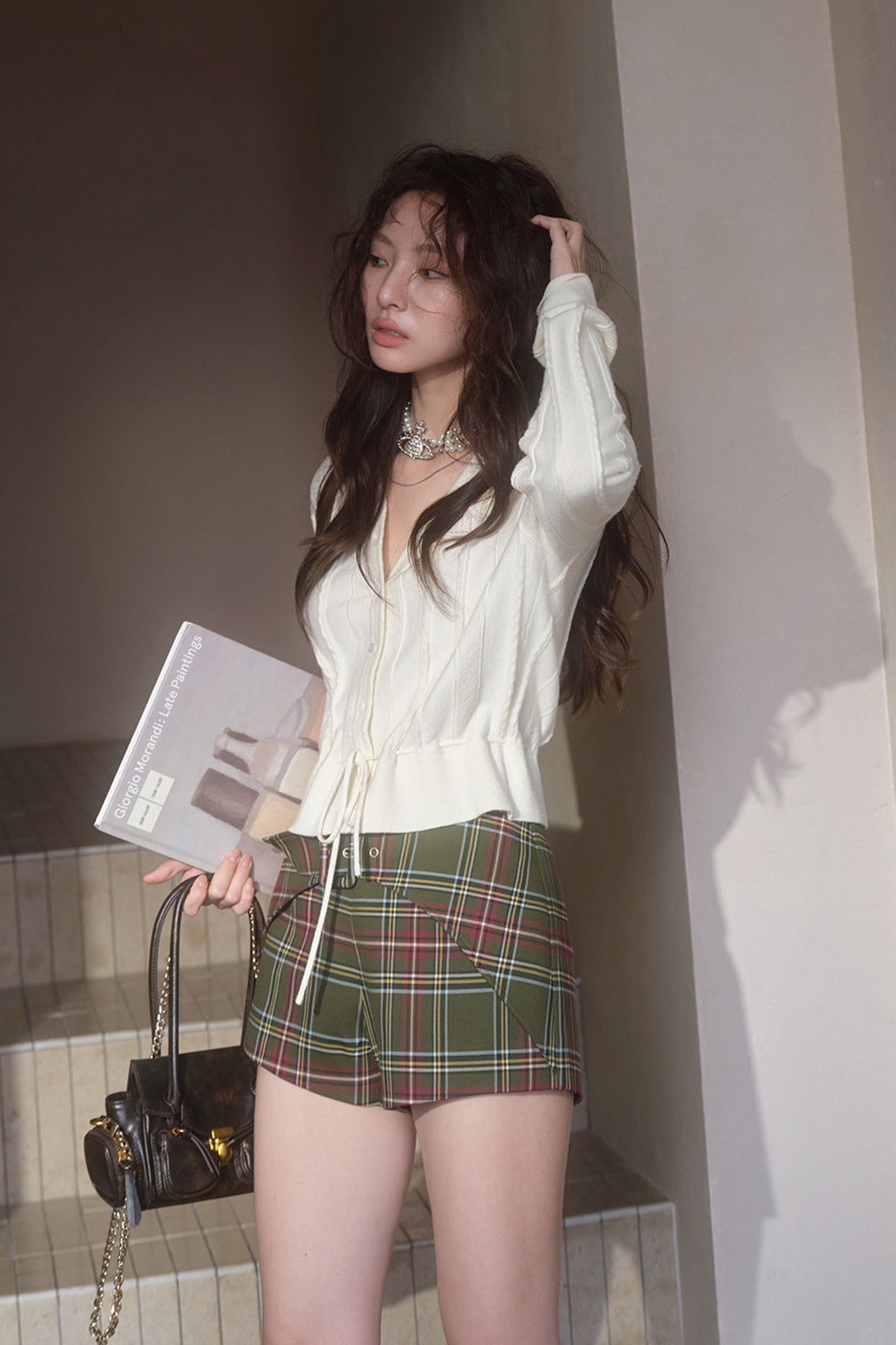 MXU Retro Plaid Deconstructed Trench Coat & Shorts Set