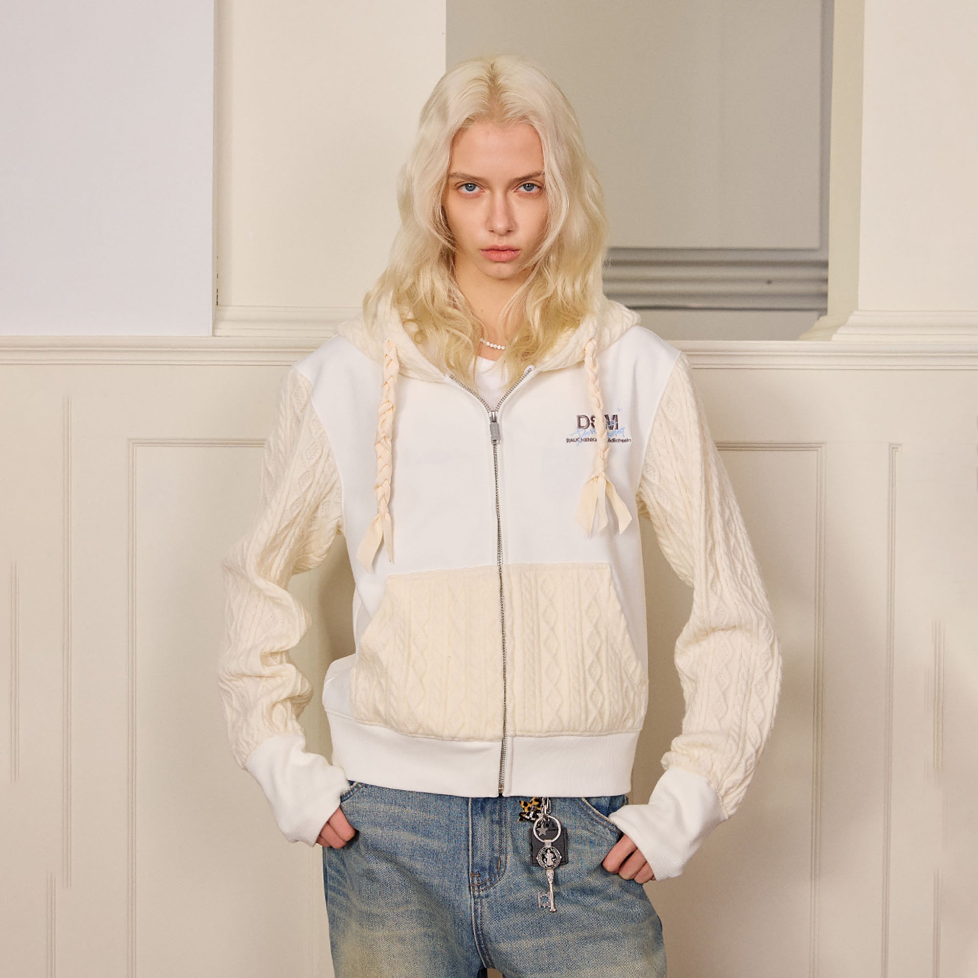 DONSMOKE Spliced Cable-Knit Zip-Up Hoodie