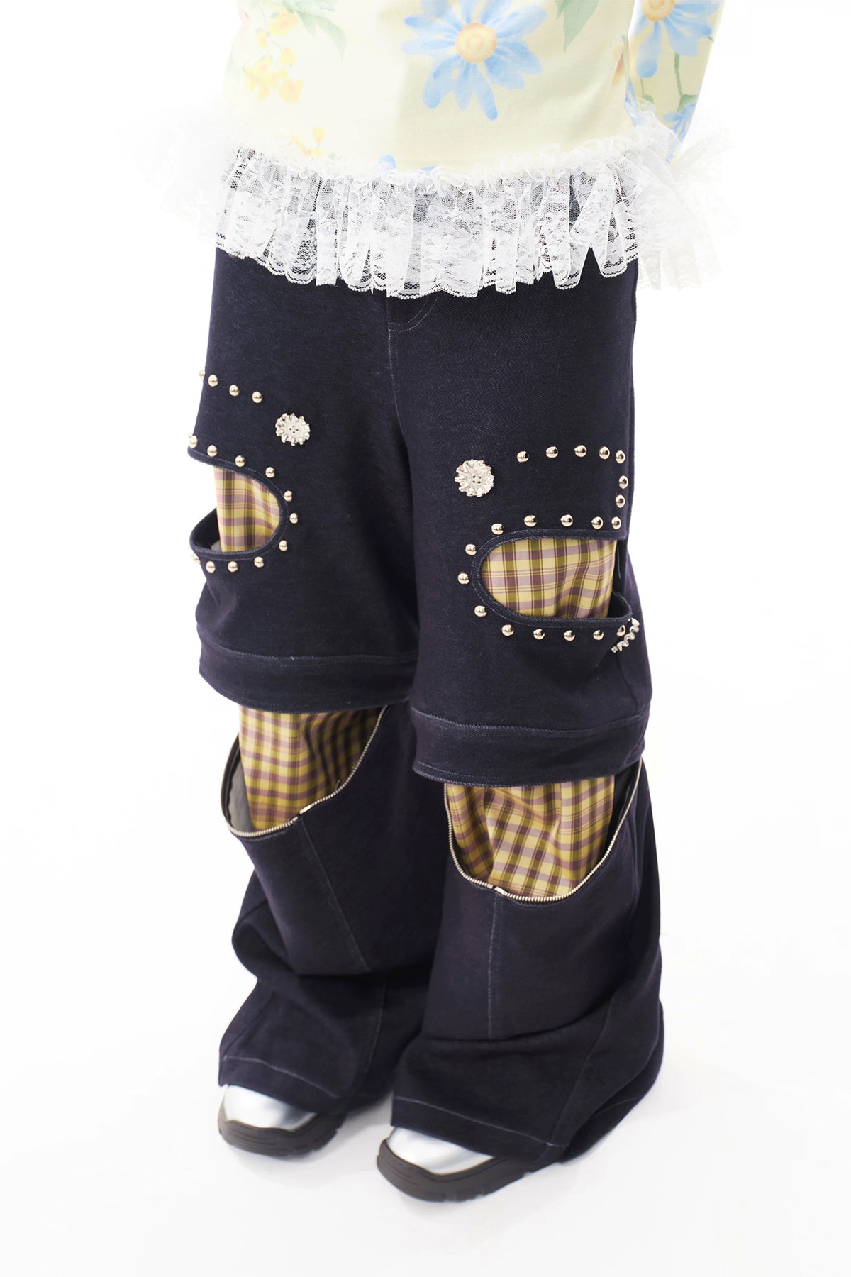 SILLYSIS Rivet Cut-Out Double-Knee Layered Jeans