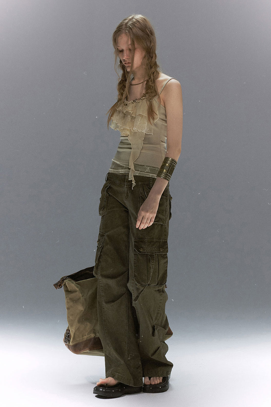 CESTNOUS Retro Washed Multi-Pocket Straight-Leg Cargo Pants