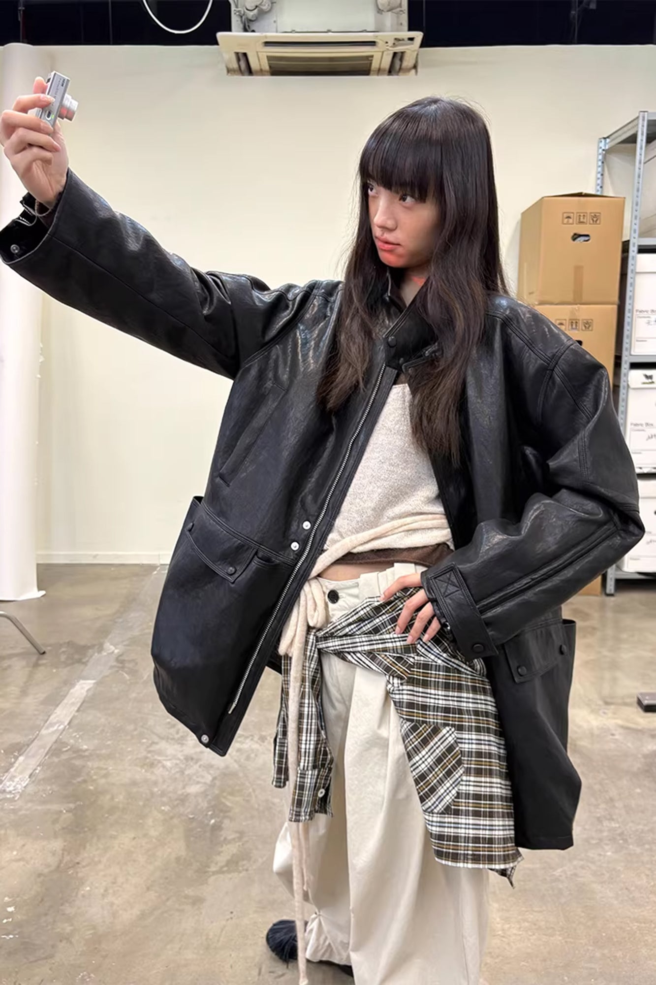 NEVERSEEZ Quilted Faux Leather Stand-Collar Utility Jacket