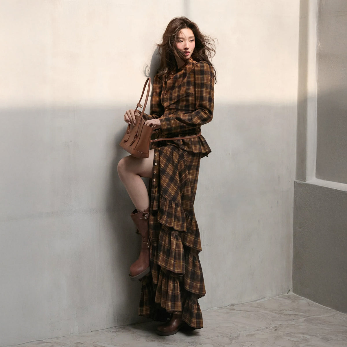 MXU Retro Plaid Pleated Shirt & Tiered Ruffle Maxi Skirt Set
