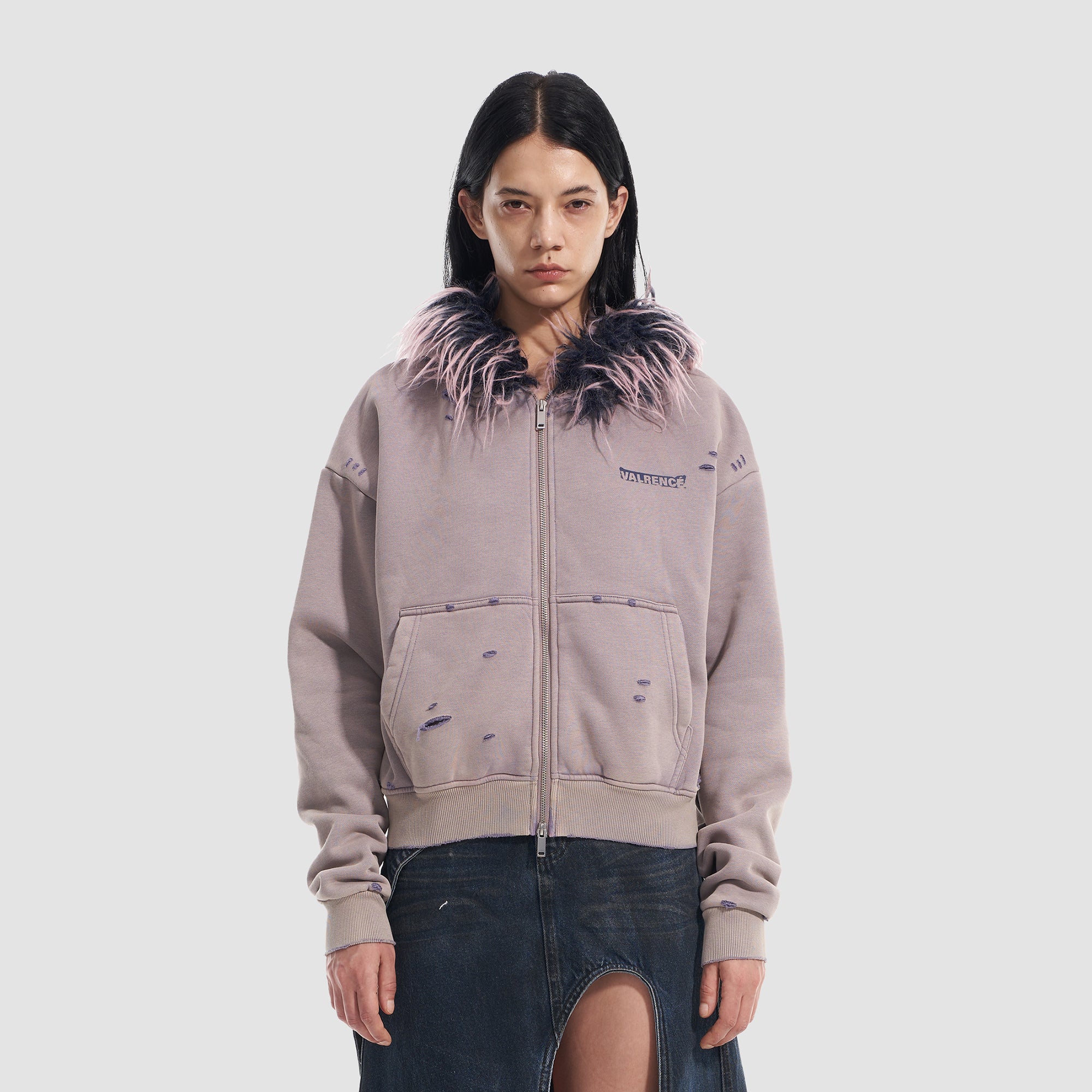 VANN VALRENCE Distressed Faux Fur Trim Zip Hoodie