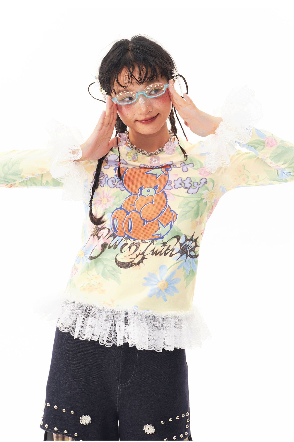 SILLYSIS Bear Graphic Lace-Trim Long-Sleeve Tee
