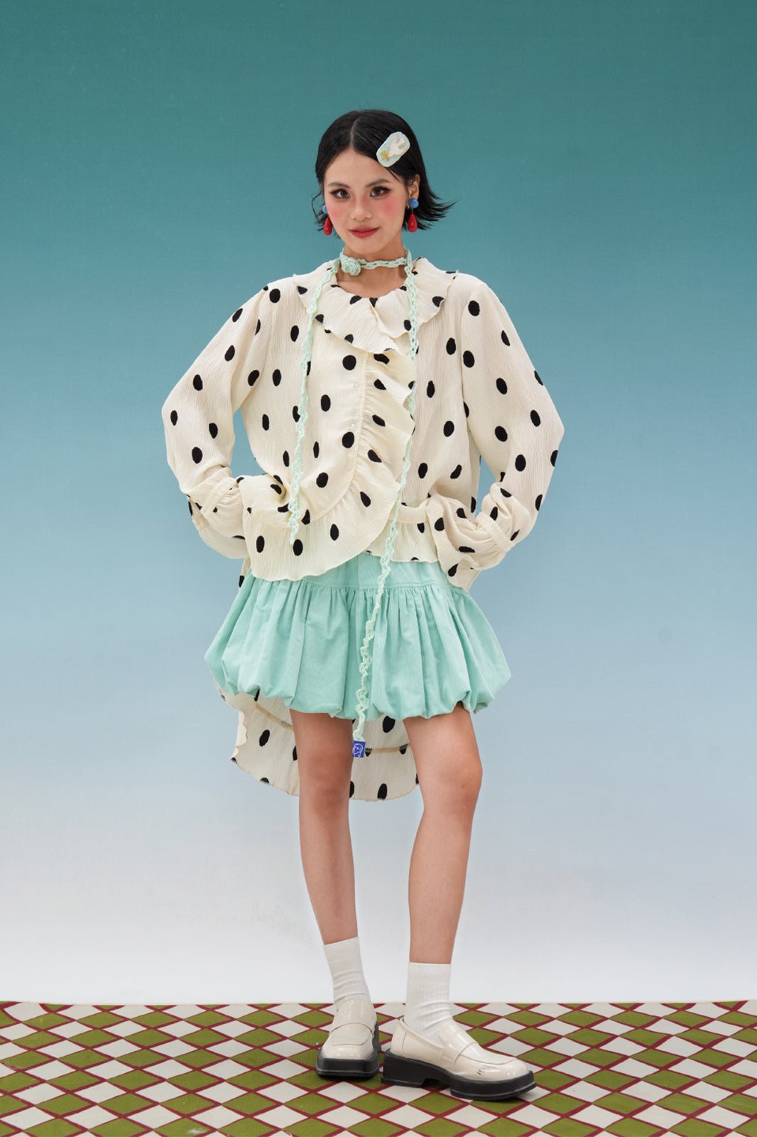 NOPMOB Retro Polka Dot Crinkled Ruffle Shirt
