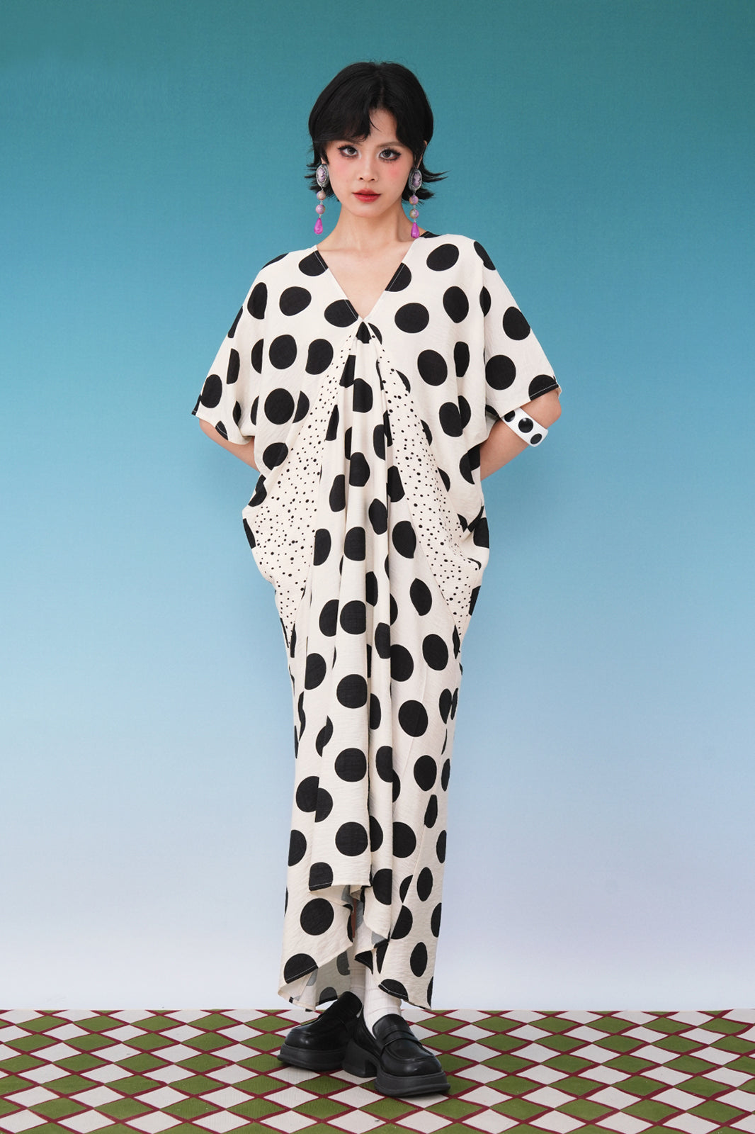 NOPMOB Spliced Polka Dot Draped Maxi Dress