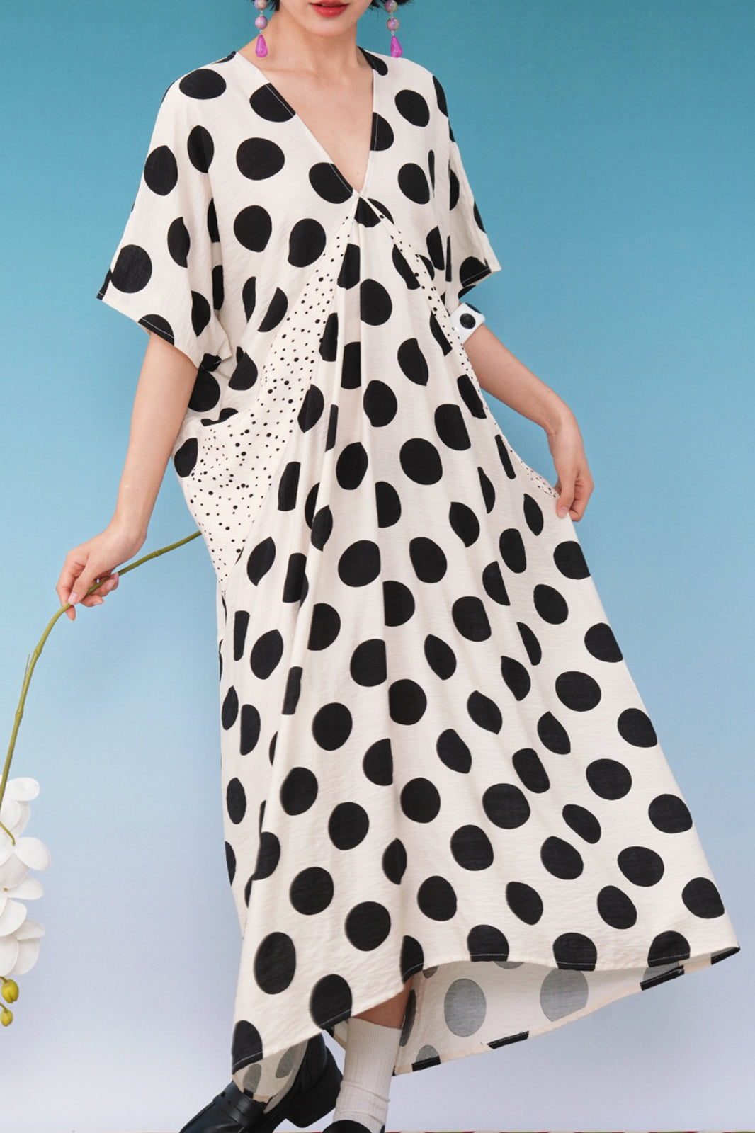 NOPMOB Spliced Polka Dot Draped Maxi Dress