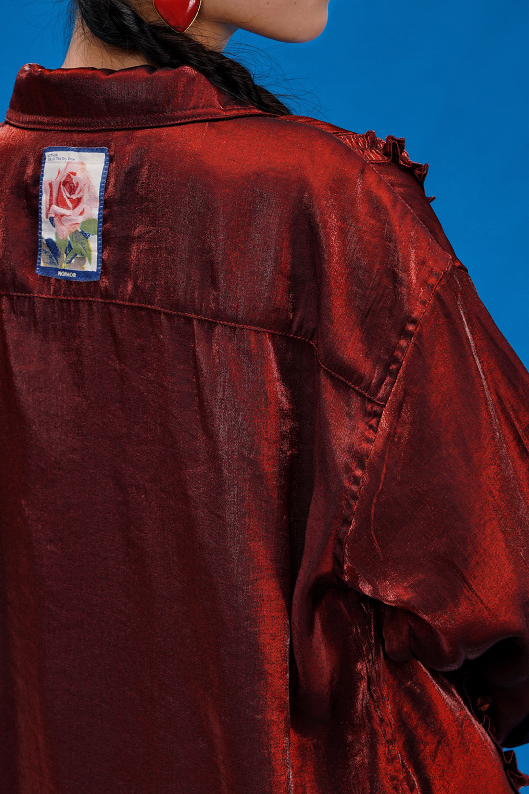 NOPMOB Satin Ruffled Iridescent Oversized Shirt