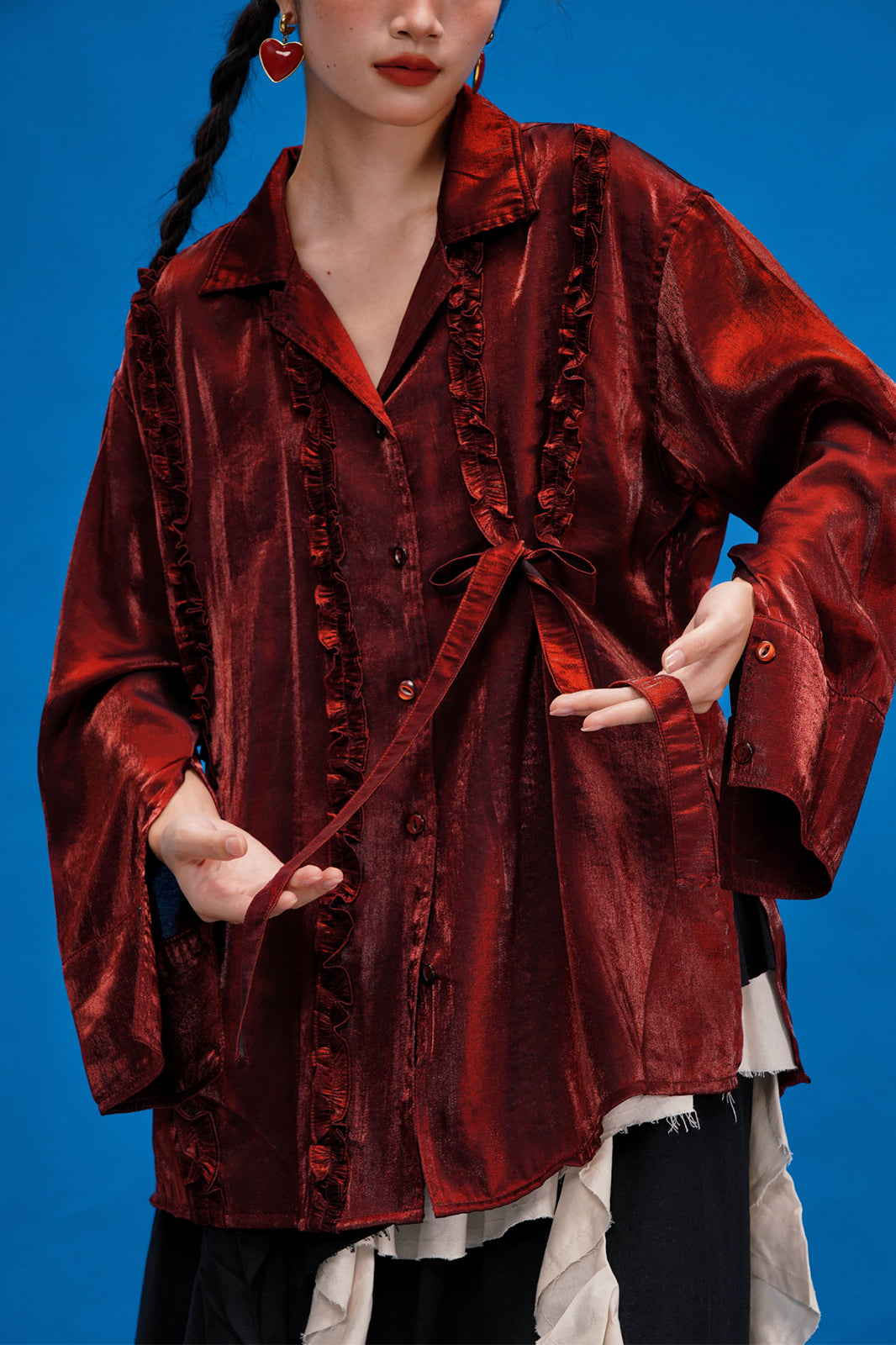 NOPMOB Satin Ruffled Iridescent Oversized Shirt