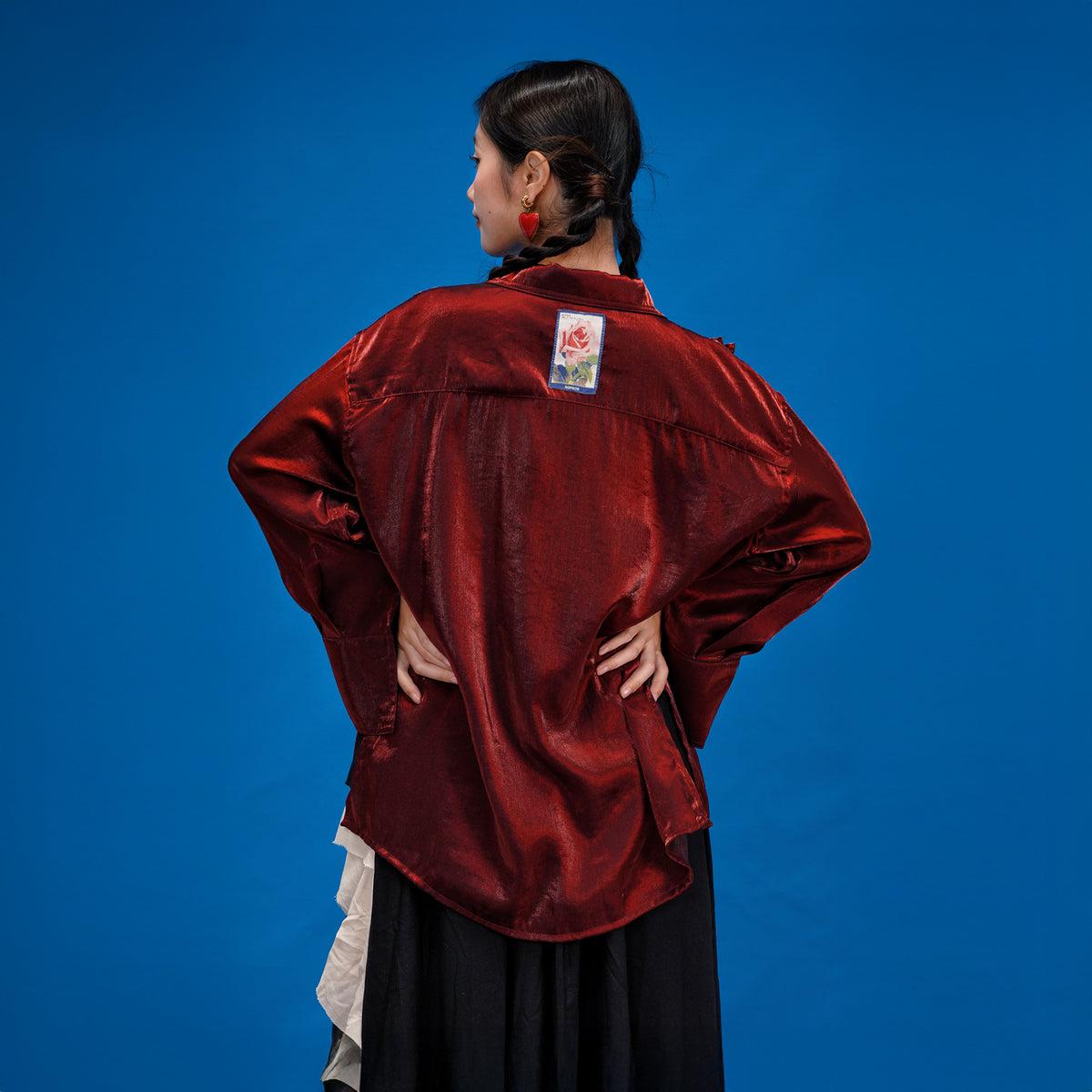 NOPMOB Satin Ruffled Iridescent Oversized Shirt