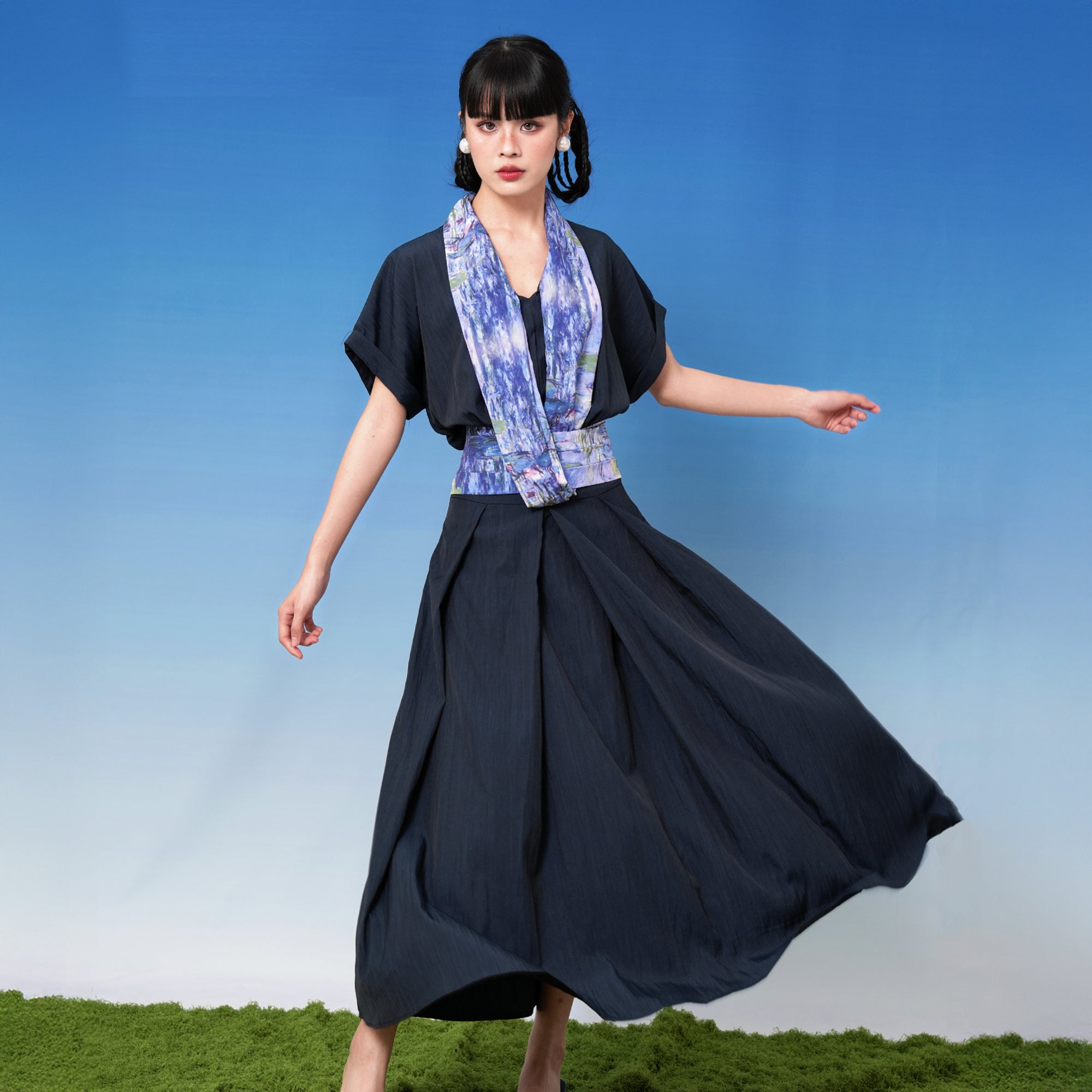 NOPMOB Painting Scarf-Tie Pleated Maxi Dress