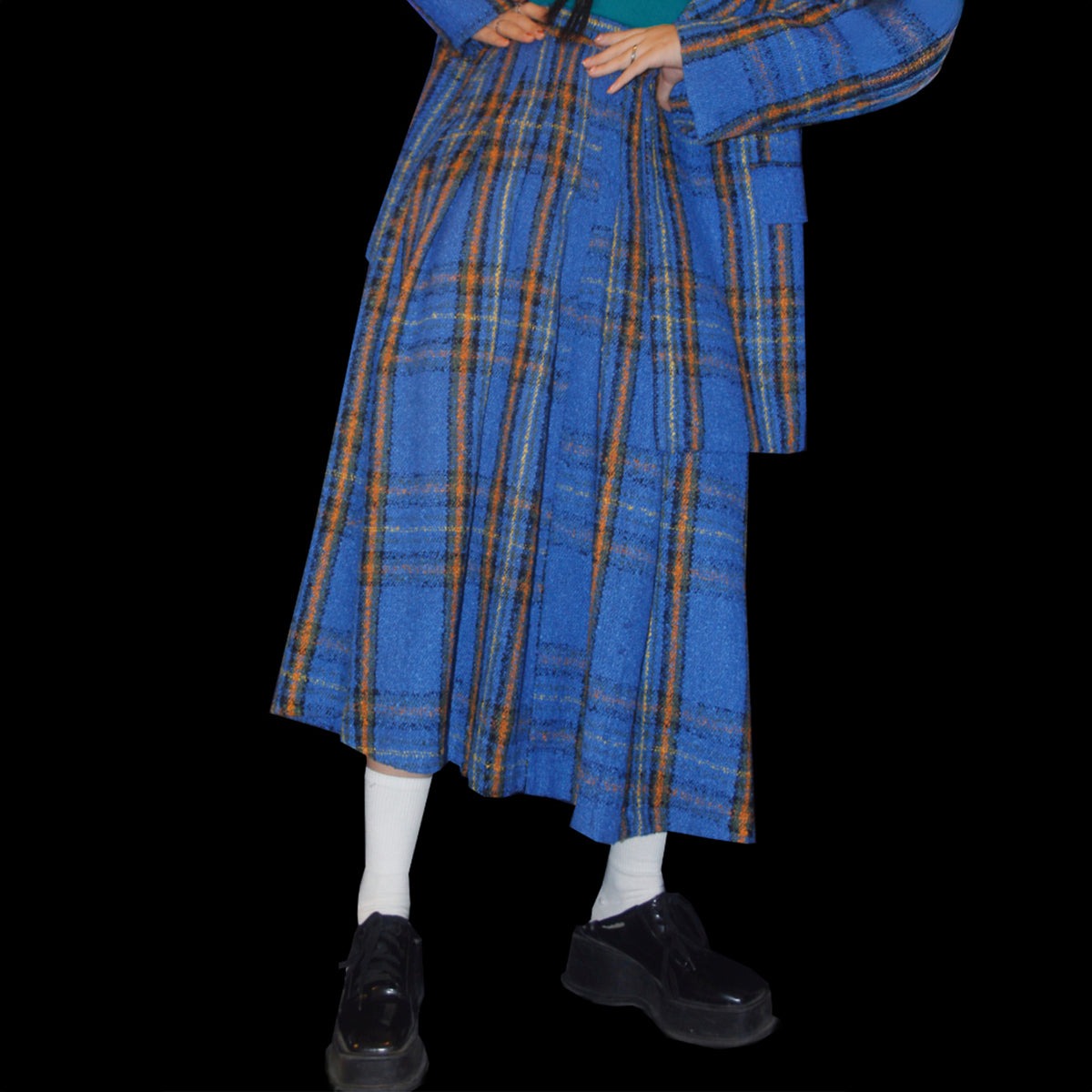 NOPMOB Retro Plaid Pleated Wool-Blend Midi Skirt