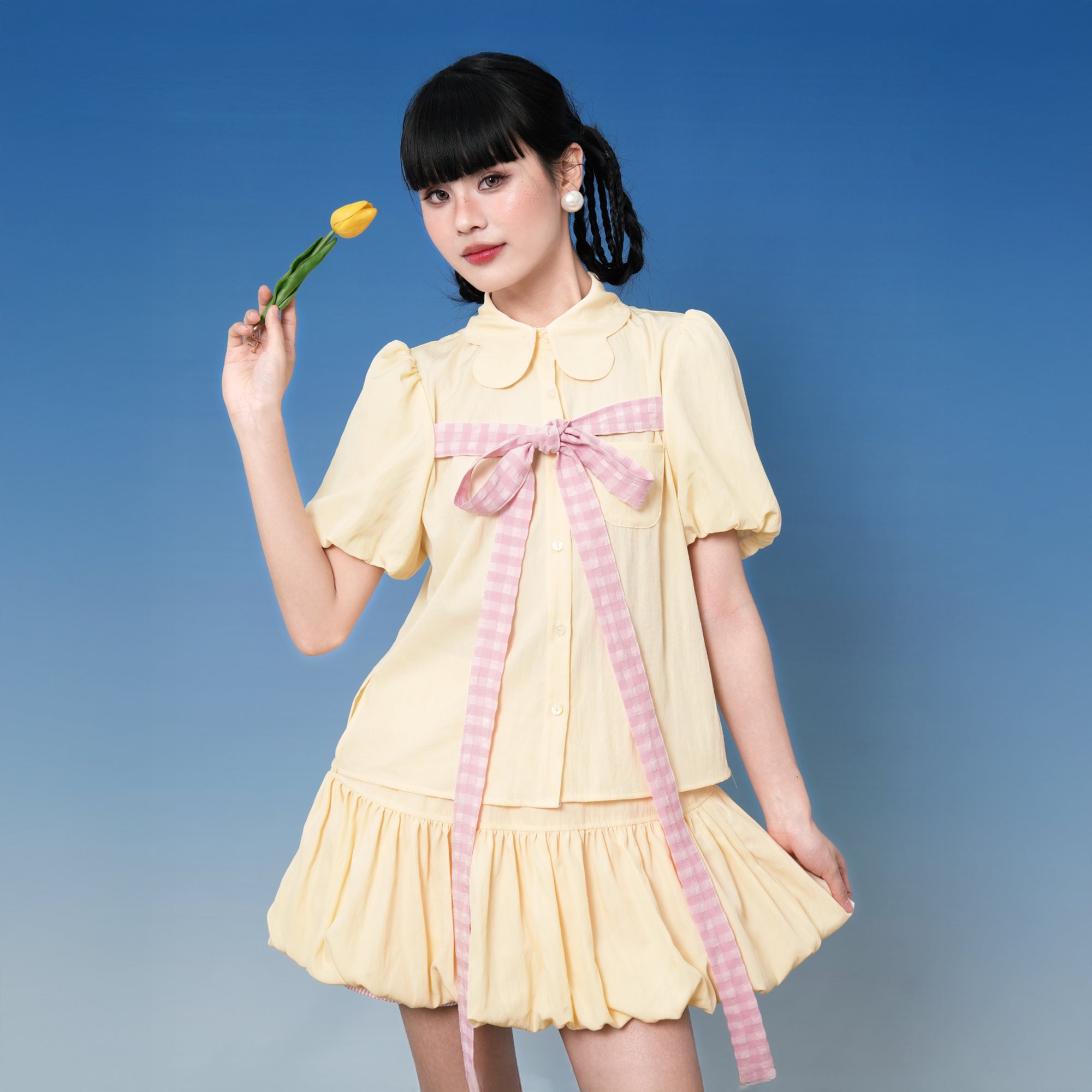 NOPMOB Gingham Bow Half-Shirt & Bubble Hem Skort Set