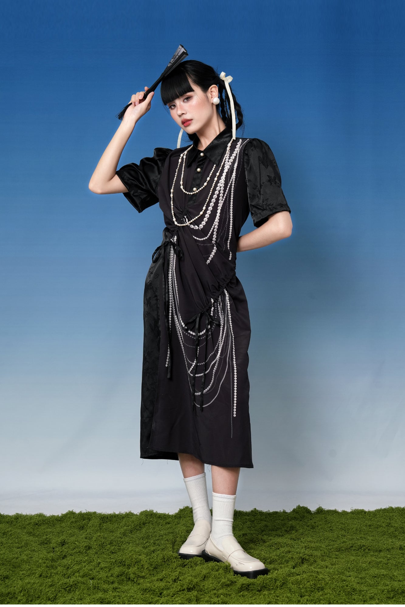 NOPMOB Pearl Graphic Drawstring Midi Dress