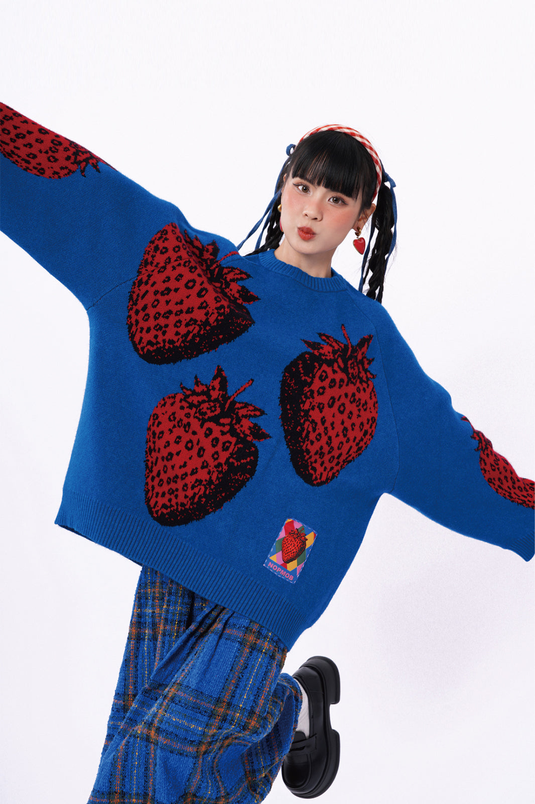 NOPMOB Strawberry Graphic Ribbed Angora Sweater