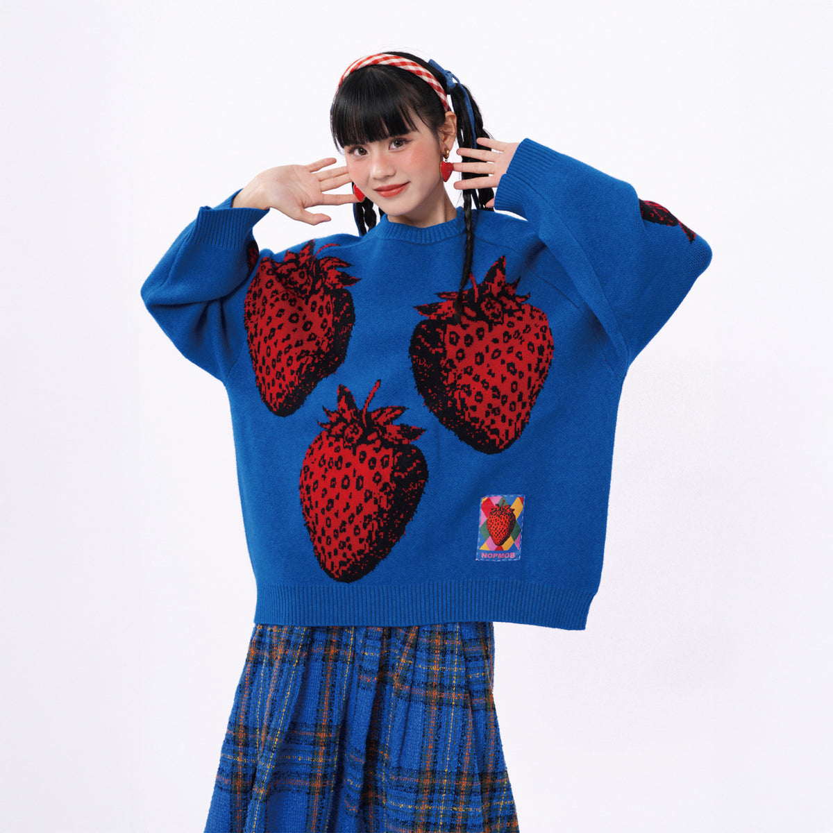 NOPMOB Strawberry Graphic Ribbed Angora Sweater