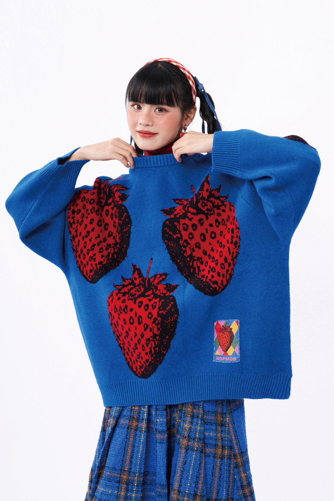 NOPMOB Strawberry Graphic Ribbed Angora Sweater