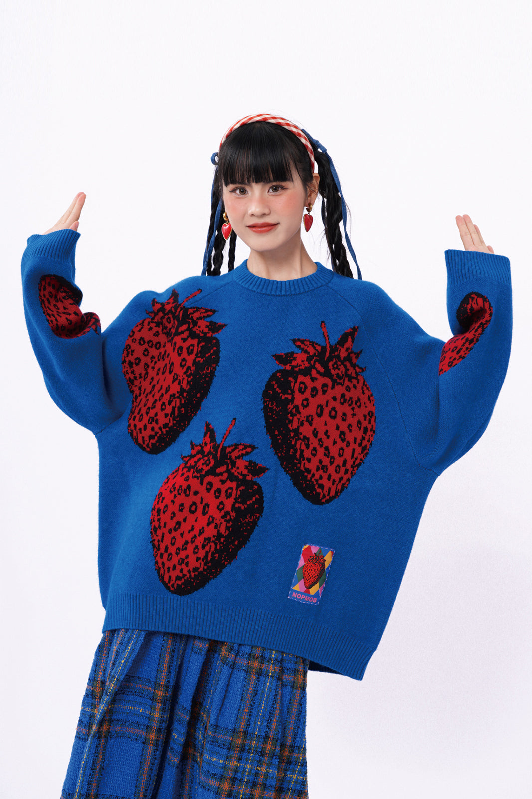 NOPMOB Strawberry Graphic Ribbed Angora Sweater