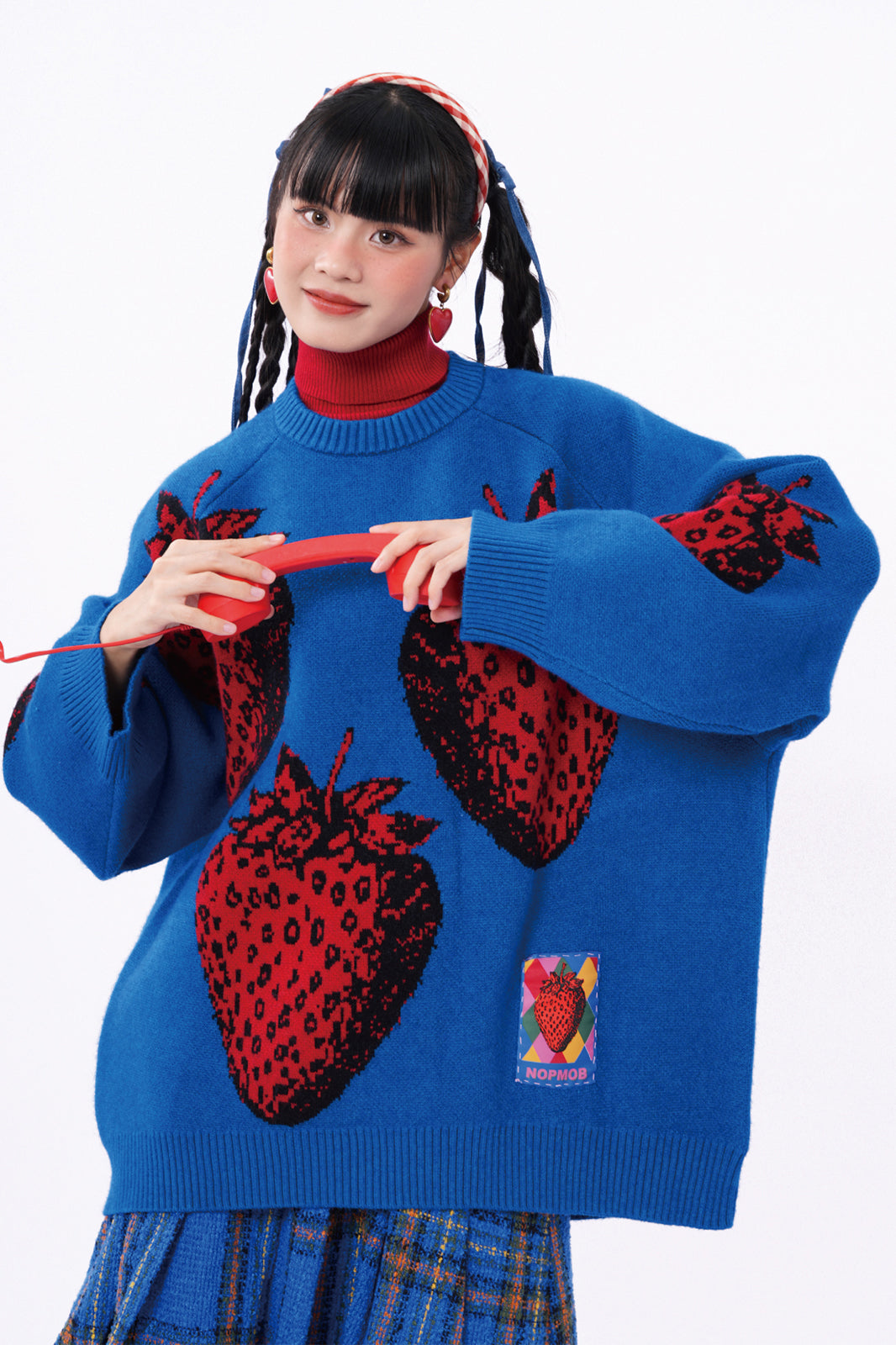 NOPMOB Strawberry Graphic Ribbed Angora Sweater