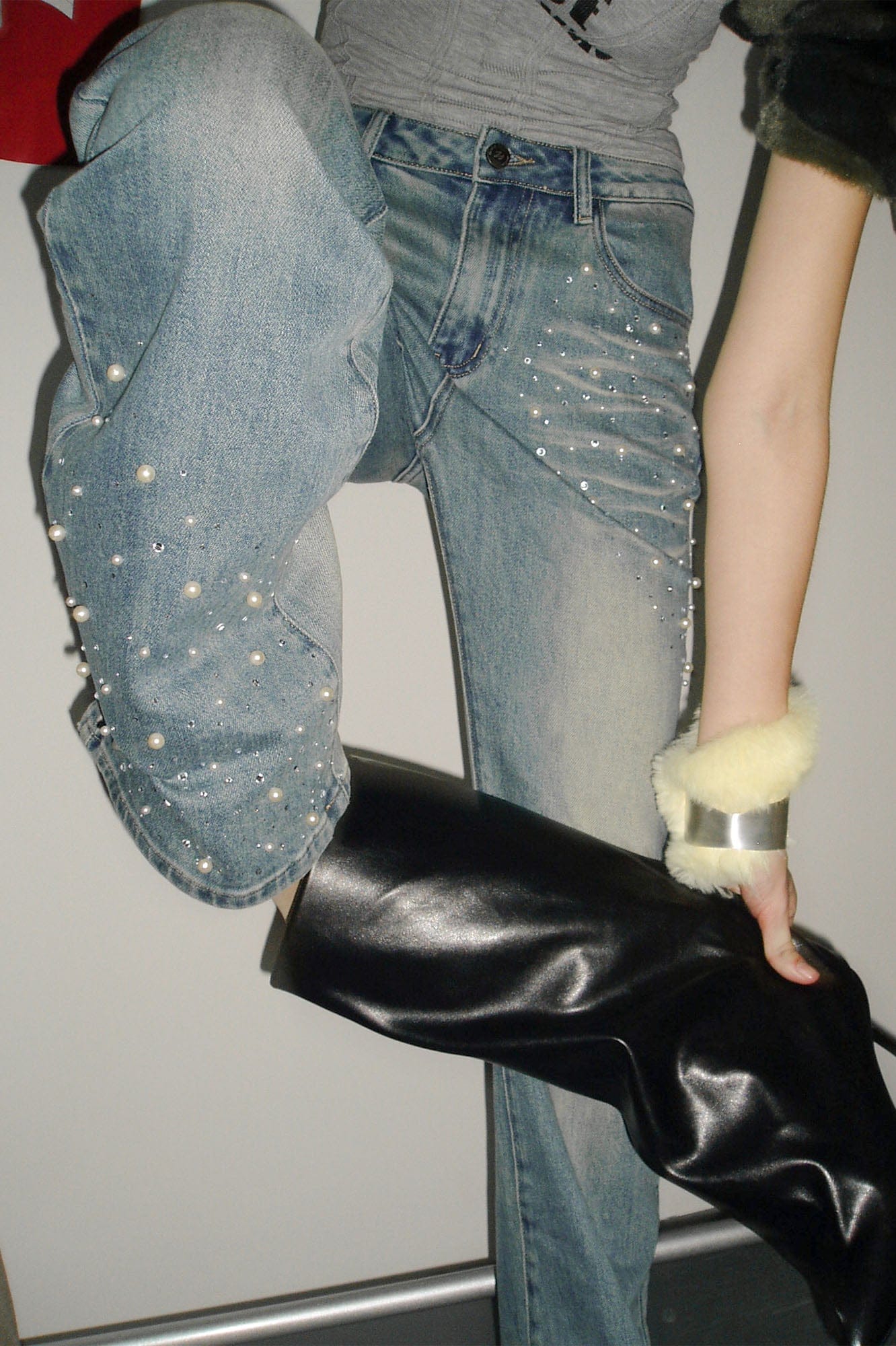 NEVER OFFEND L ANGEL Pearl-Embellished Washed Straight-Leg Jeans