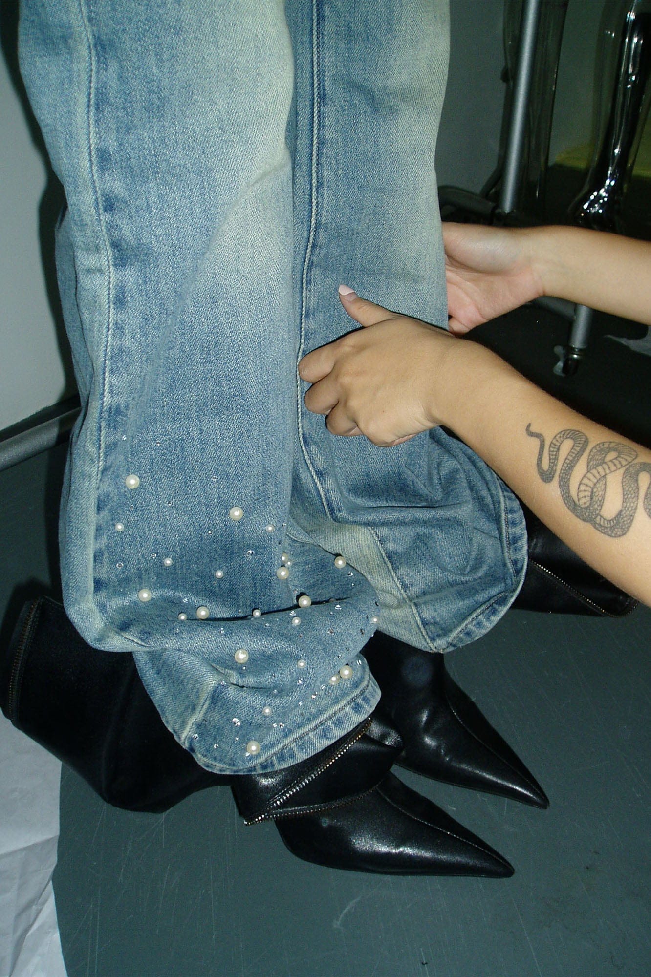 NEVER OFFEND L ANGEL Pearl-Embellished Washed Straight-Leg Jeans