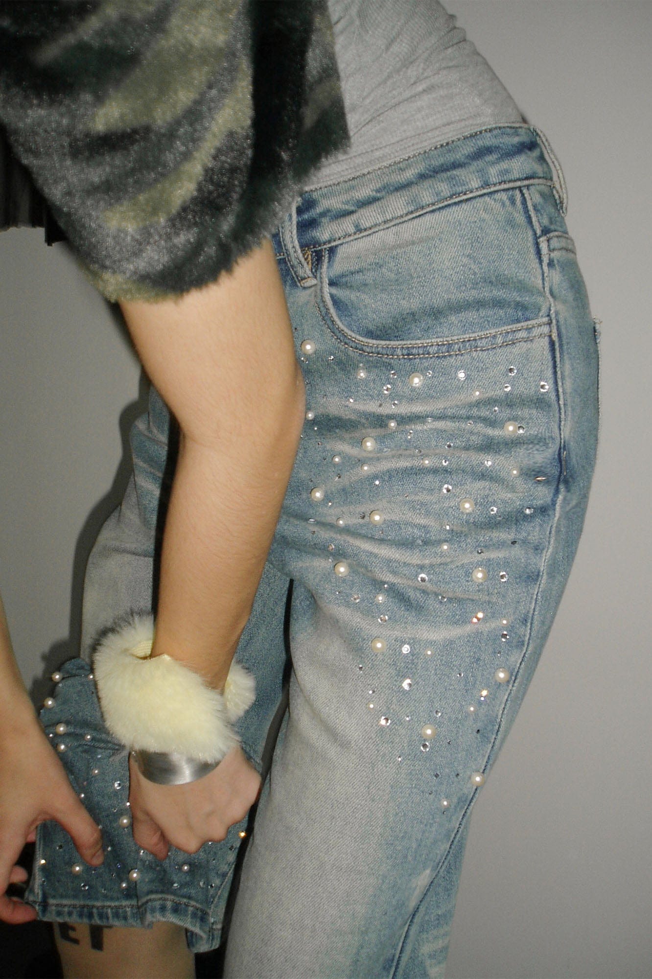 NEVER OFFEND L ANGEL Pearl-Embellished Washed Straight-Leg Jeans