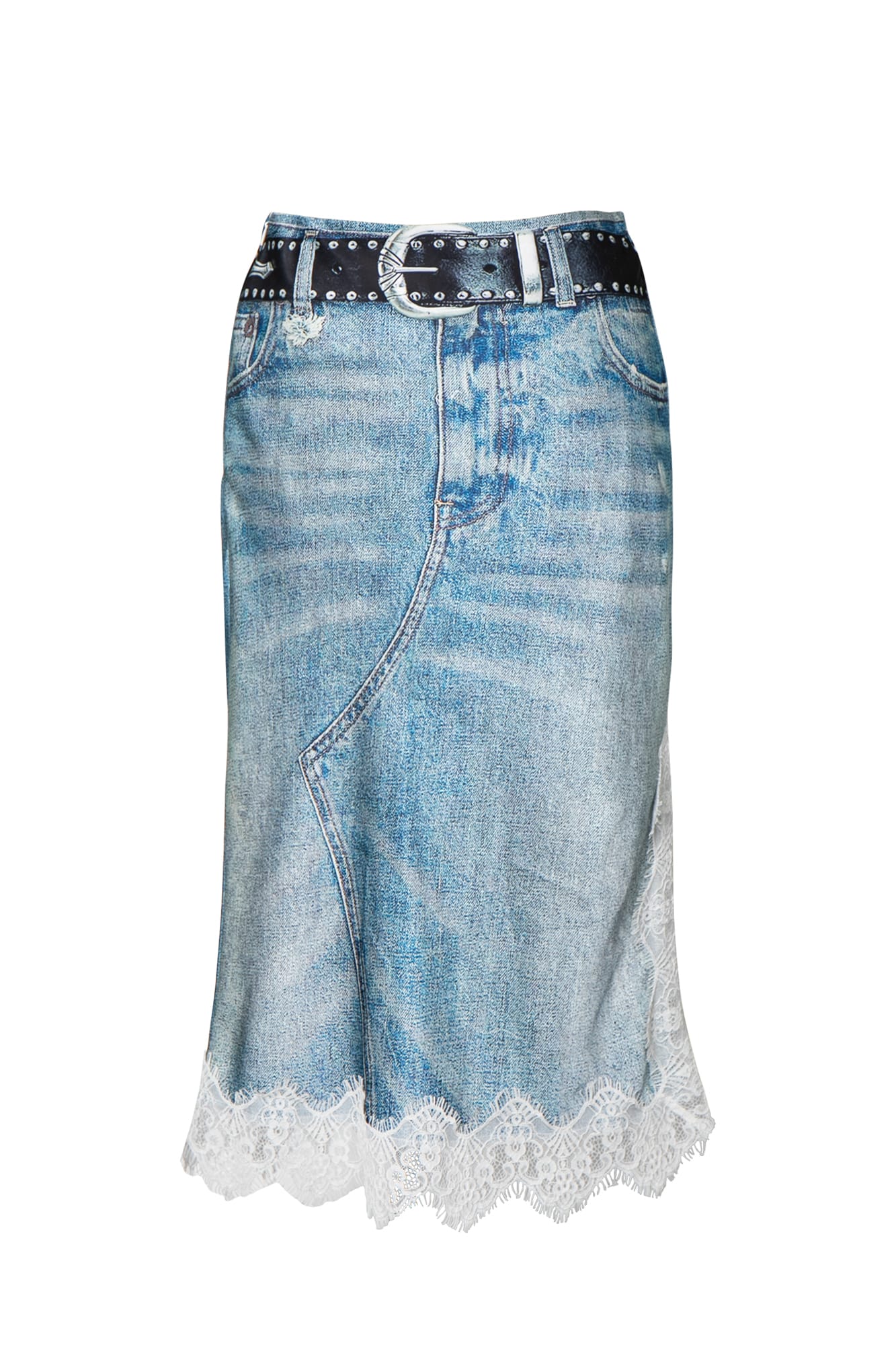 LEONSENSE Denim Full-Print Lace-Splice Slit Skirt