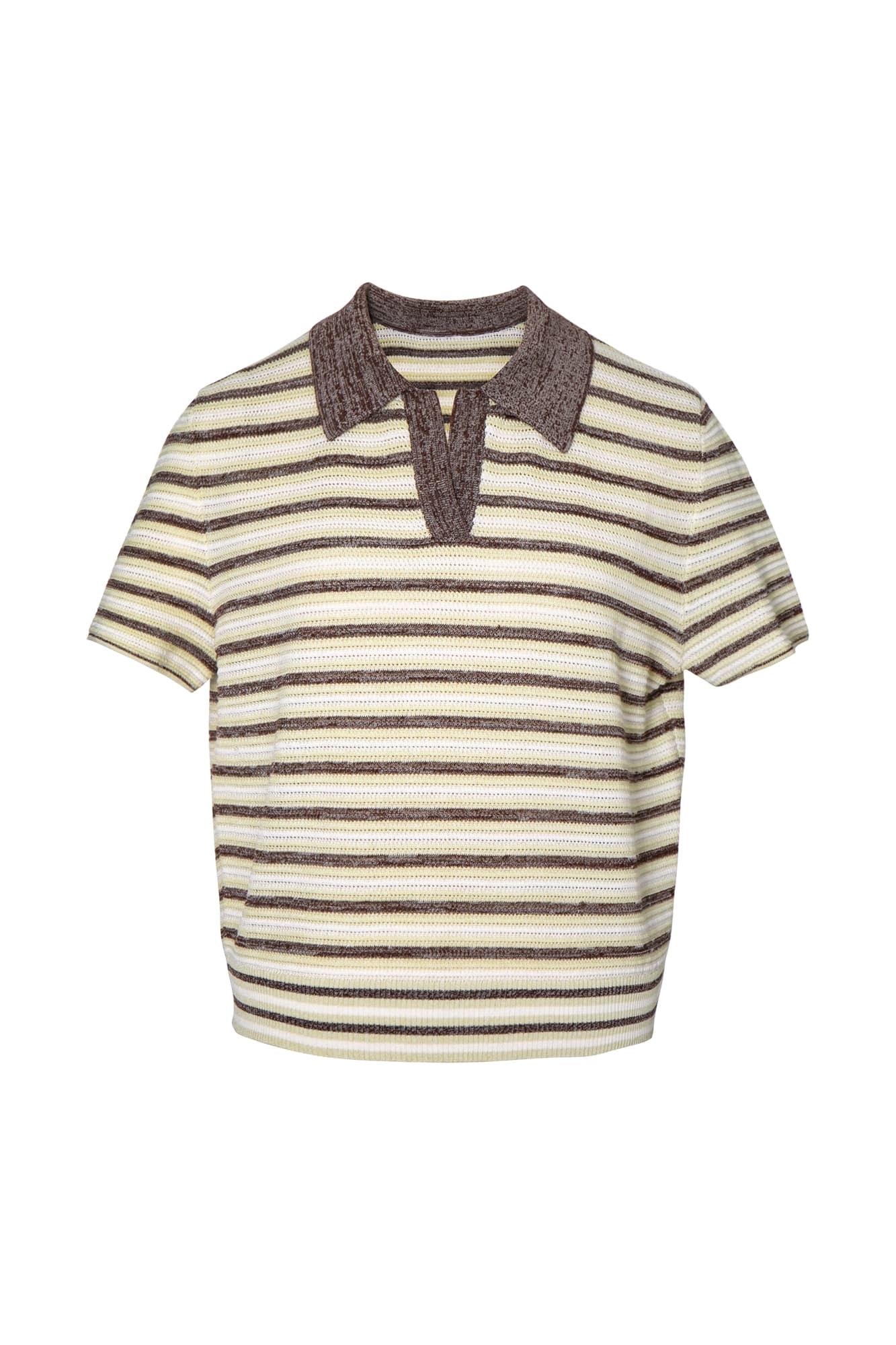 LEONSENSE Striped Pointelle Polo Knit Top