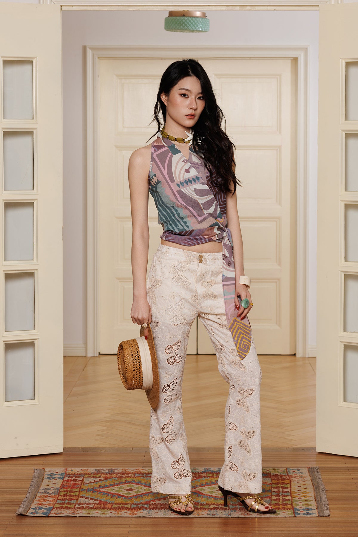 HUNGRAS Butterfly Embroidered Cut-Out Flared Pants