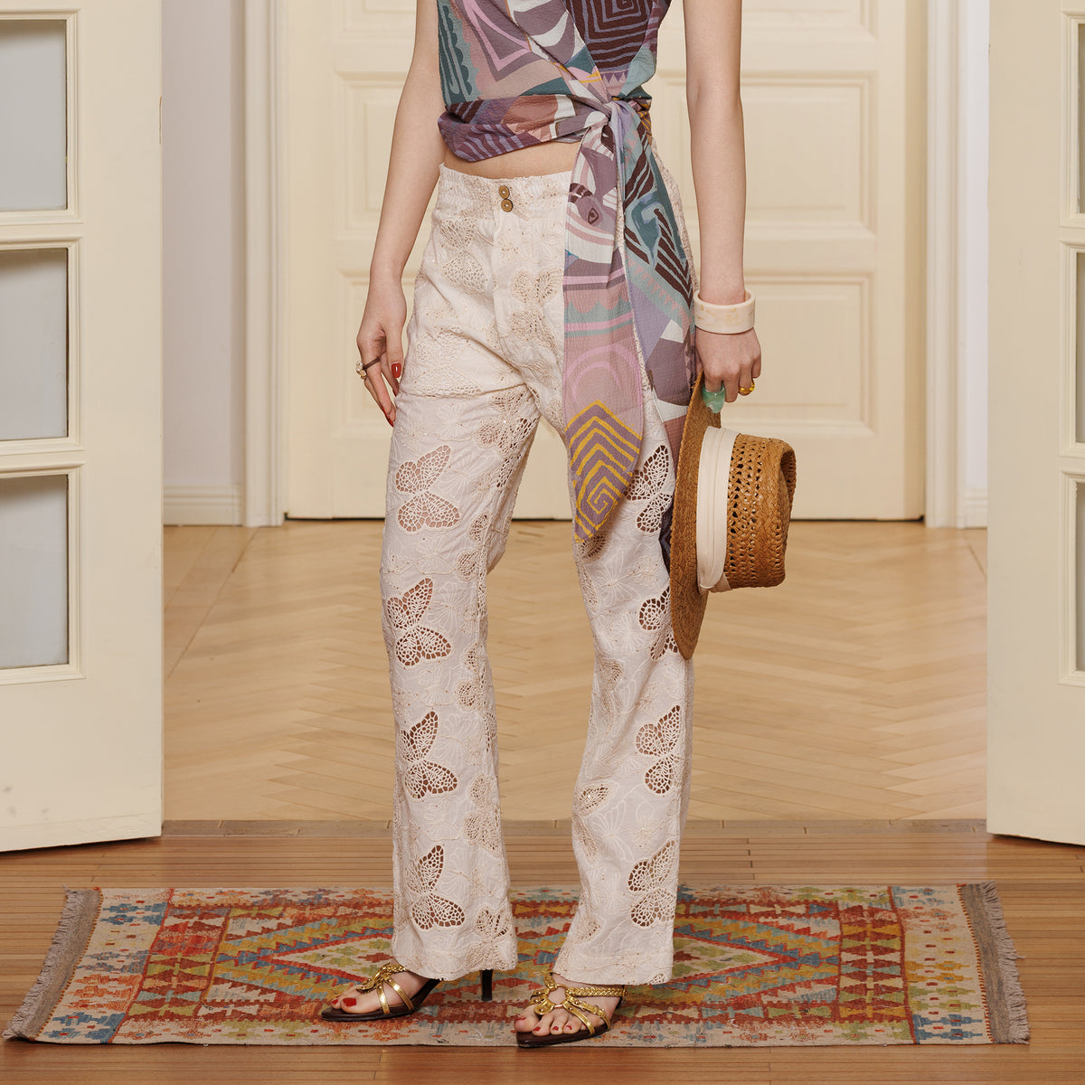 HUNGRAS Butterfly Embroidered Cut-Out Flared Pants