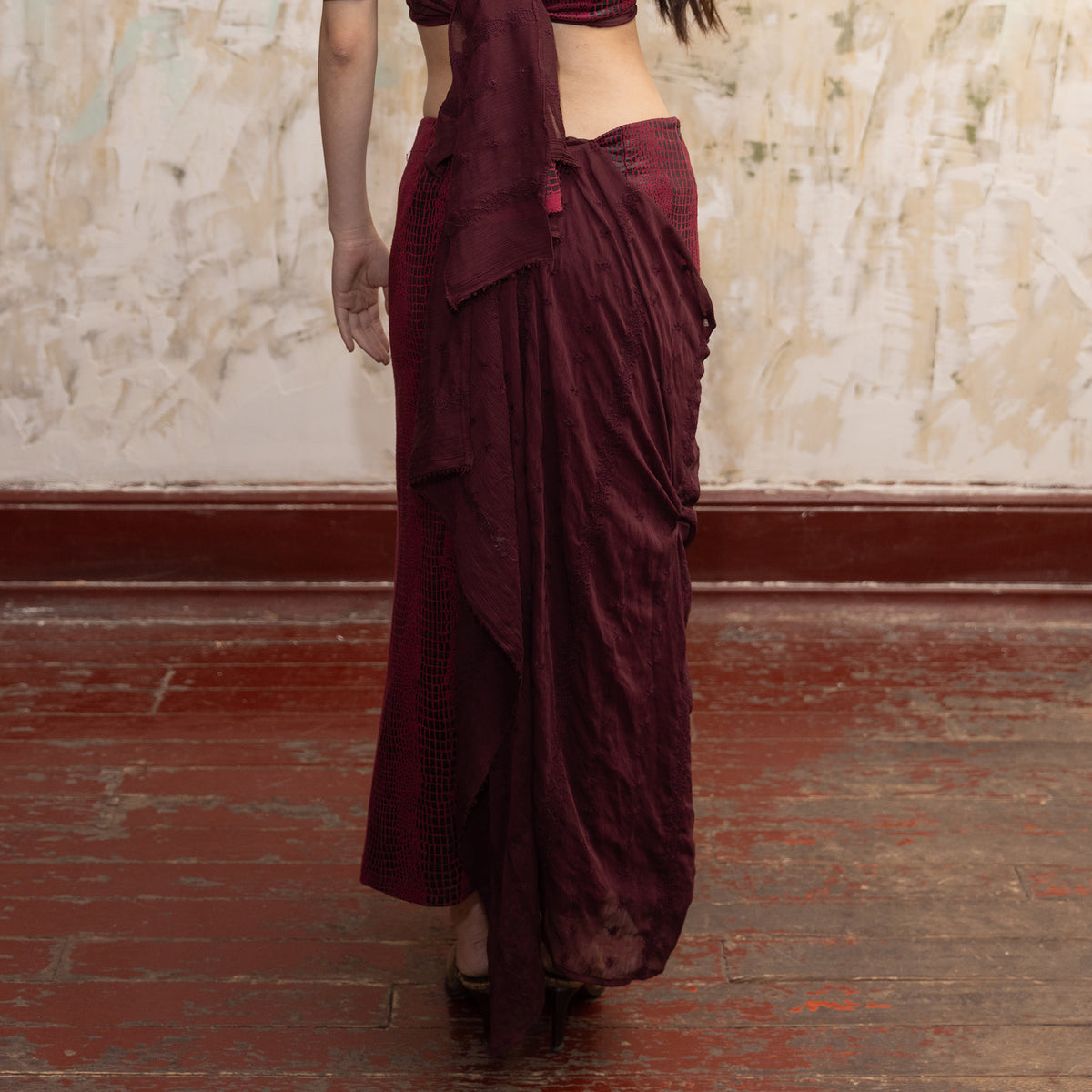 HUNGRAS Faux Leather Spliced Midi Skirt
